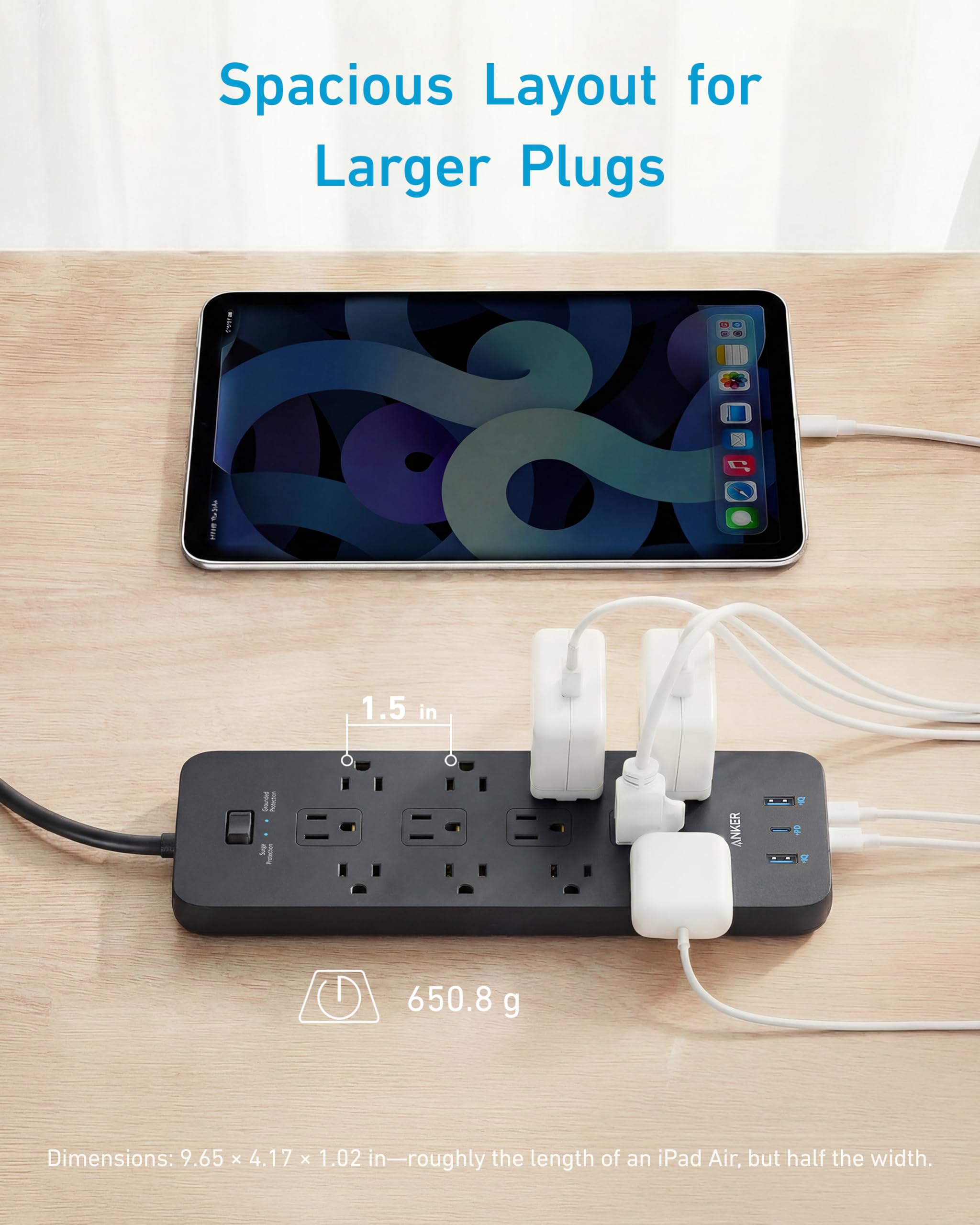 Surge Protector Power Strip (2100J)，Anker 12 Outlets with 1 USB C and 2 USB Ports ，for iPhone 15/15 Plus/15 Pro/15 Pro Max, Extension Cord, Flat Plug, 20W Charging.