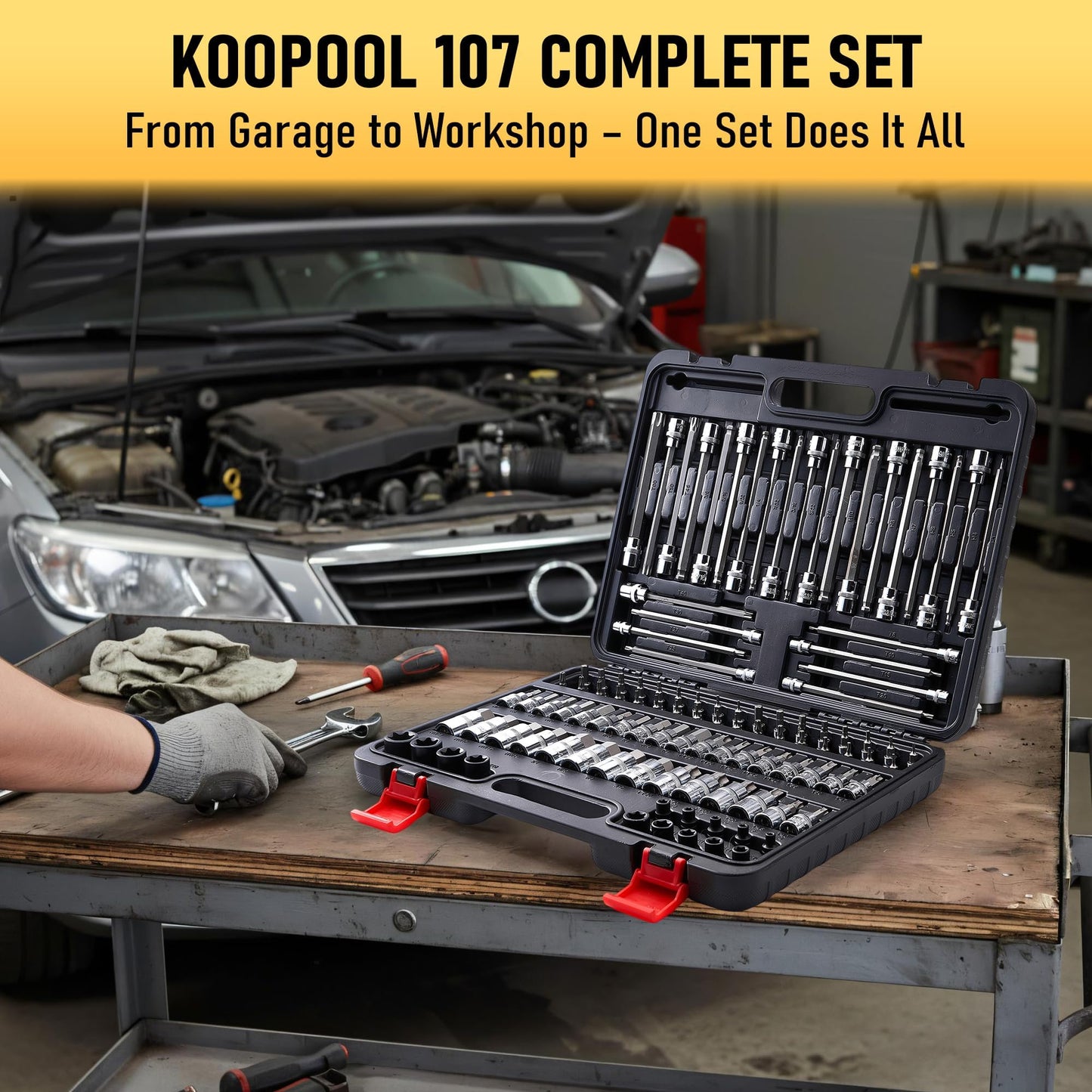 107-Piece Master Torx & Allen Bit Socket Set, S2 Steel, 1/4" 3/8" 1/2" Drive, Long Torx, Ball End Hex, Tamper-Resistant Star, E-Star Sockets, SAE & Metric