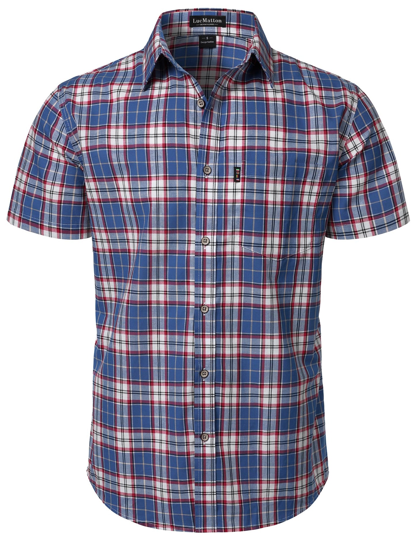 LucMatton Men's Gingham Short Sleeve Button Down Shirt Cotton Regular Fit Plaid Dress Shirts with Pocket