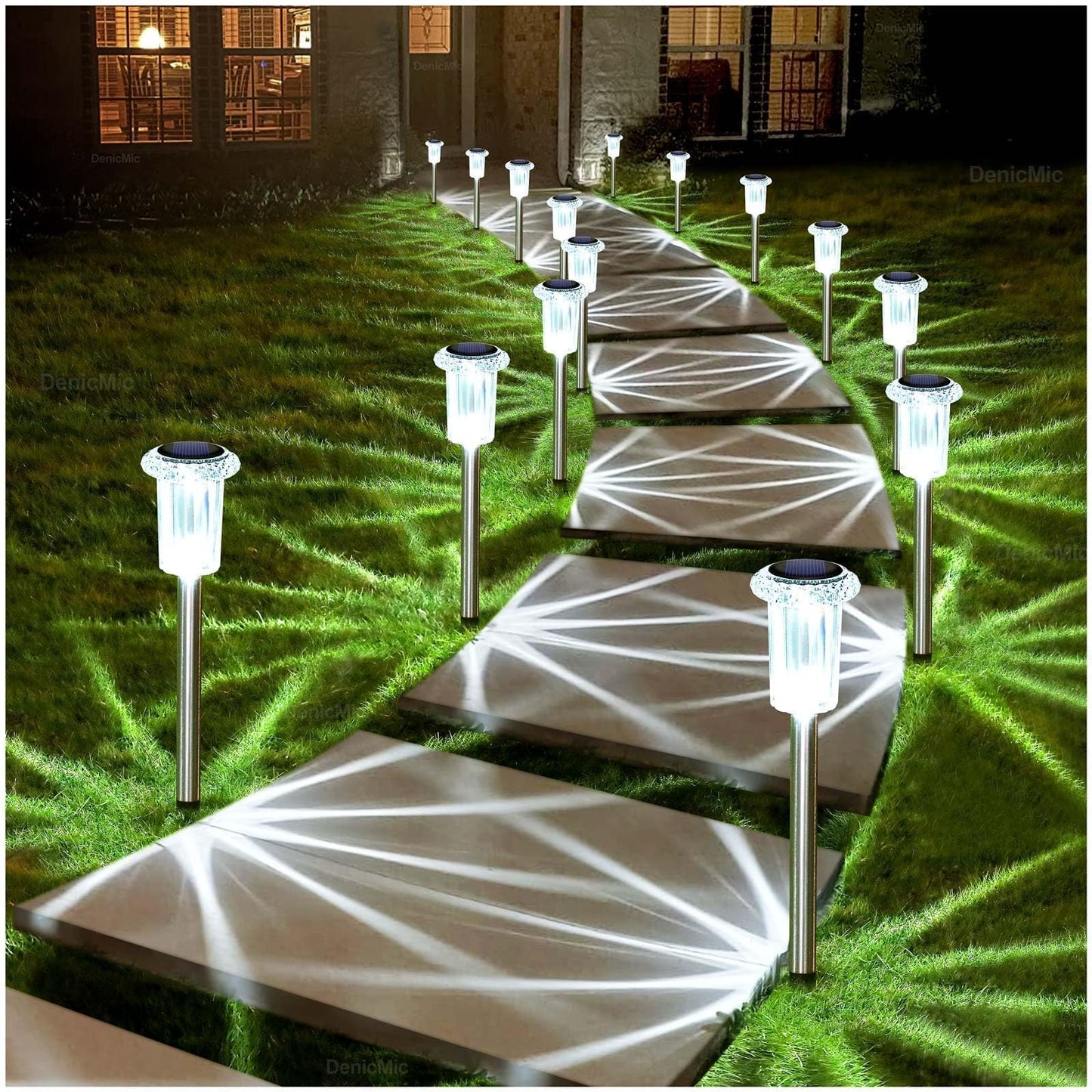 DenicMic Solar Lights Outdoor Pathway Lights LED Waterproof Acrylic Lamp Head Stainless Steel Stake for Yard Garden Landscape Path Walkway Driveway Patio Lawn