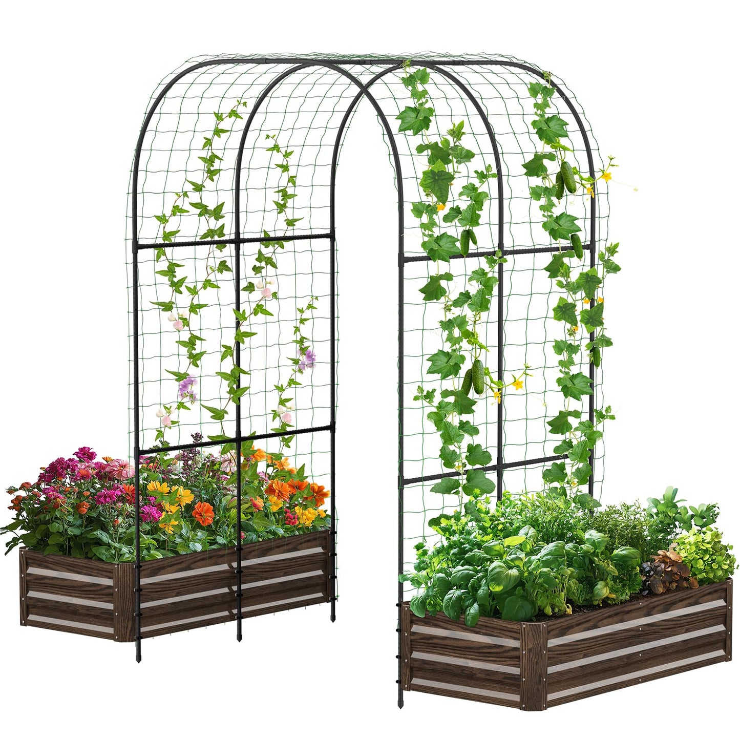 DoCred Raised Garden Bed with 87in Tall Arch Trellis for Climbing Plants, Galvanized Planter Garden Box Outdoor for Gardening, Climbing Vegetables, Flower