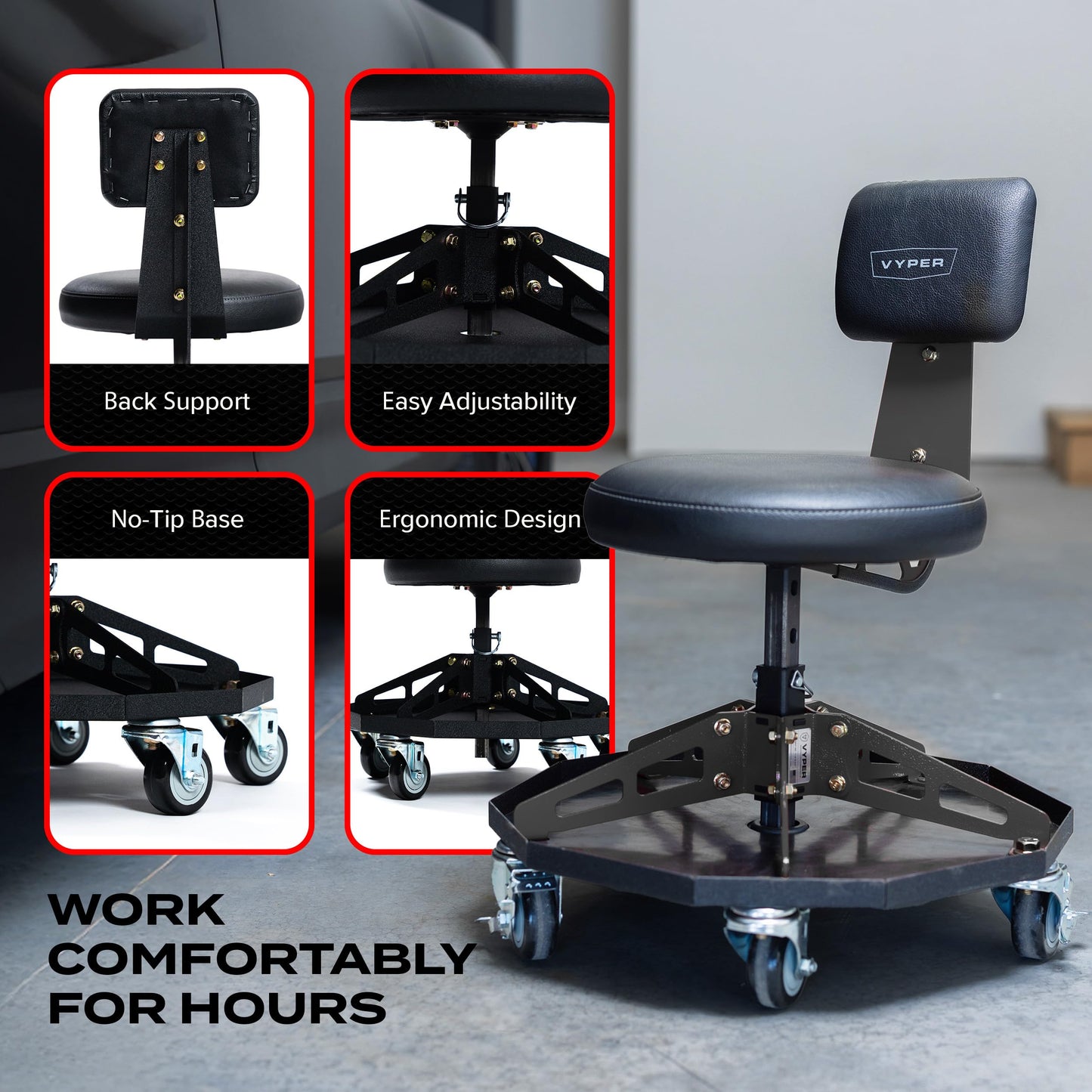 Vyper Robust Steel Sport Shop Chair for Mechanics, Automotive, DIY - Made in USA - 300 lb Capacity Garage Stool with Backrest and Large Wheels
