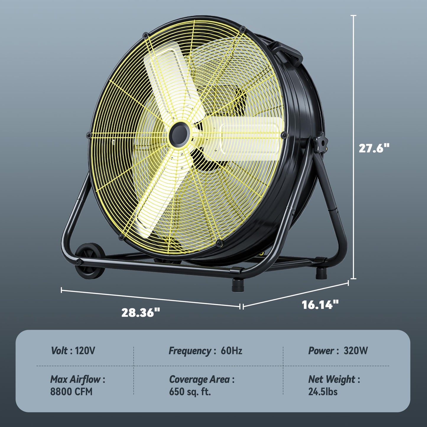 Tehanld High Velocity Industrial Drum Fan, 3-Speed Heavy Duty Metal Floor Fan with 360° Tilt for Garage, Workshop, Factory & Basement