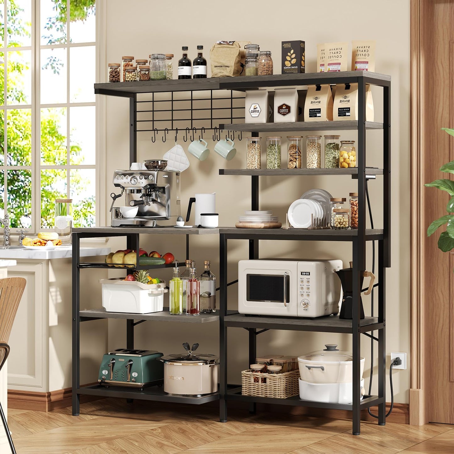 iabifo L-Shaped Bakers Rack with Power Outlet, 6-Tier Microwave Stand with Open Storage, Kitchen Shelf with Hooks,Coffee Bar for Living Room