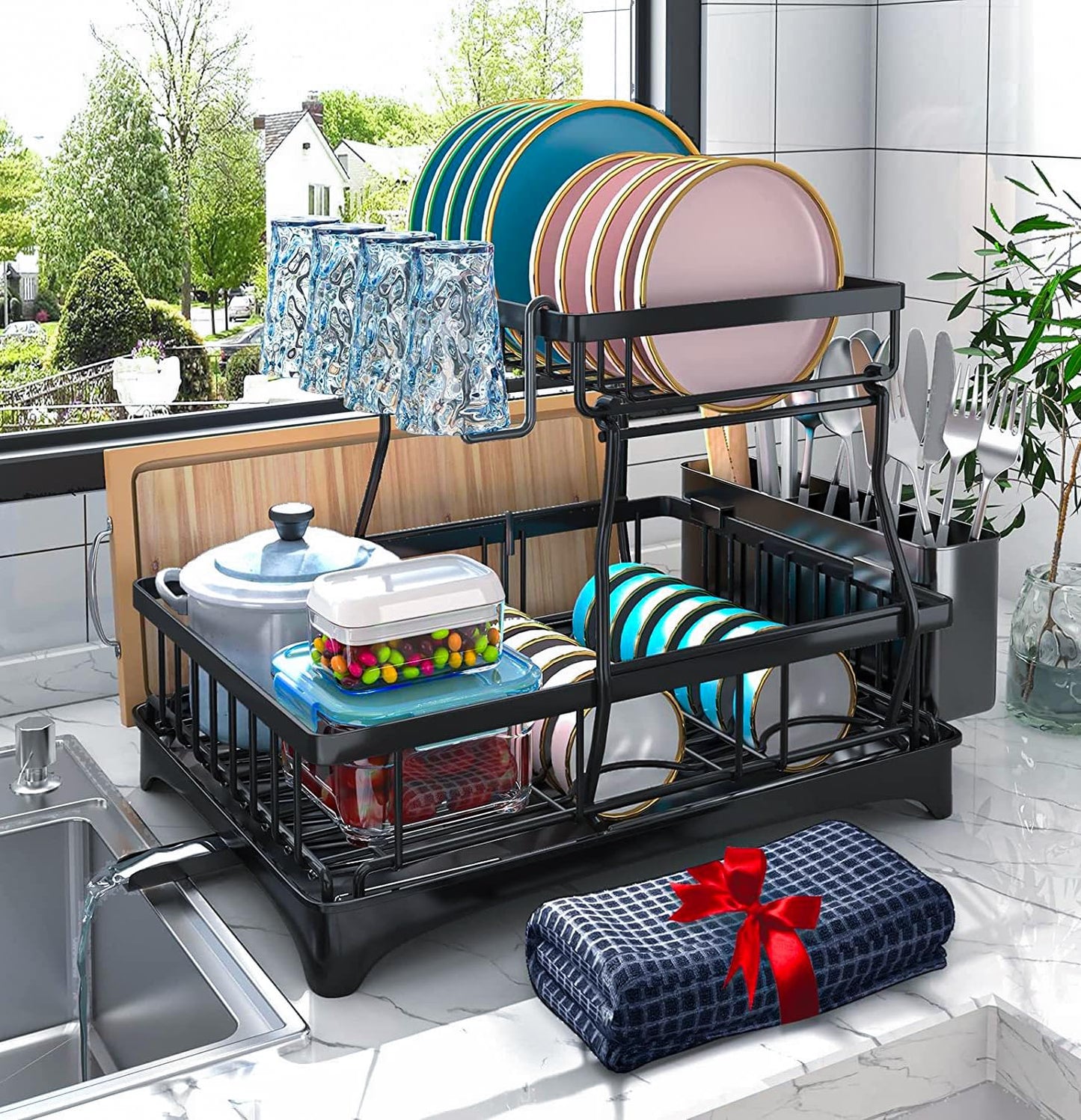 Godboat Dish Drying Rack, Dish Rack with Auto-Drain & Mat，2-Tier and 1-Tier, Black