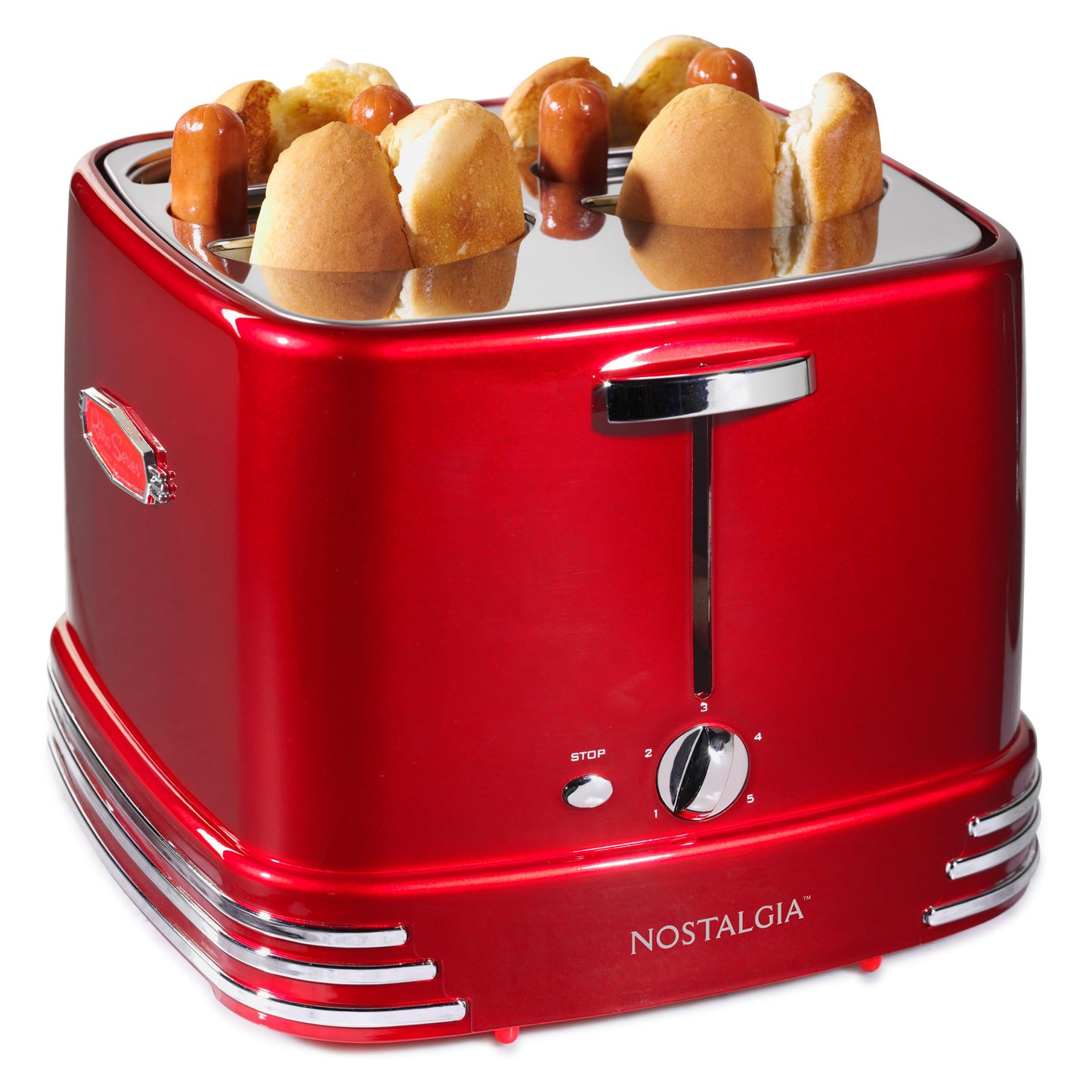 Nostalgia 2 Slot Hot Dog and Bun Toaster with Mini Tongs, Retro Toaster, Cooker that Works Chicken, Turkey, Veggie Links, Sausages Brats, Metallic Red