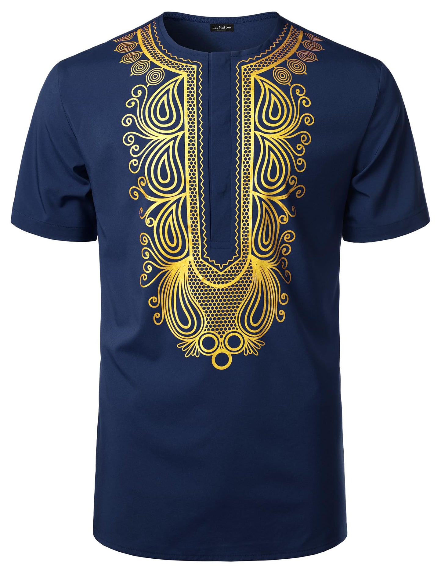 LucMatton Men's African Short Sleeve Hidden Button Shirt Metallic Foil Stamping Dashiki T Shirt