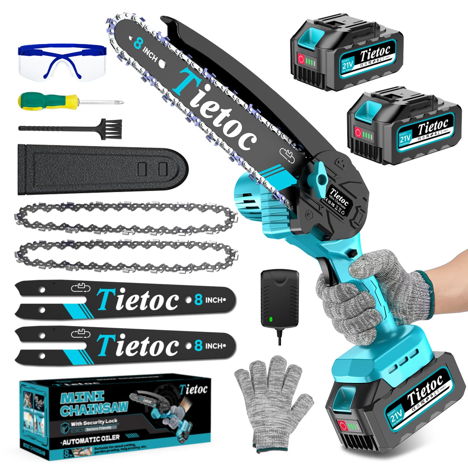 Mini Chainsaw Cordless, 8 Inch & 6 Inch Portable Electric Chainsaw,Battery Powered Handheld Power Chain Saw with 2 Batteries and Auto Oil