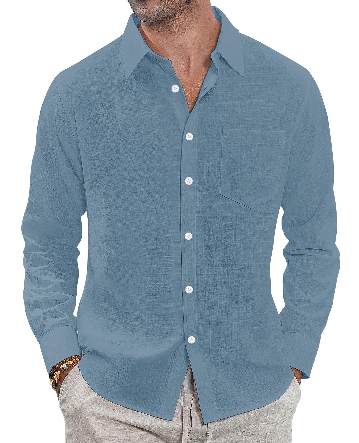 J.VER Men's Linen Shirts Casual Button Down Long Sleeve Shirt Solid Spread Collar Summer Beach Shirts with Pocket