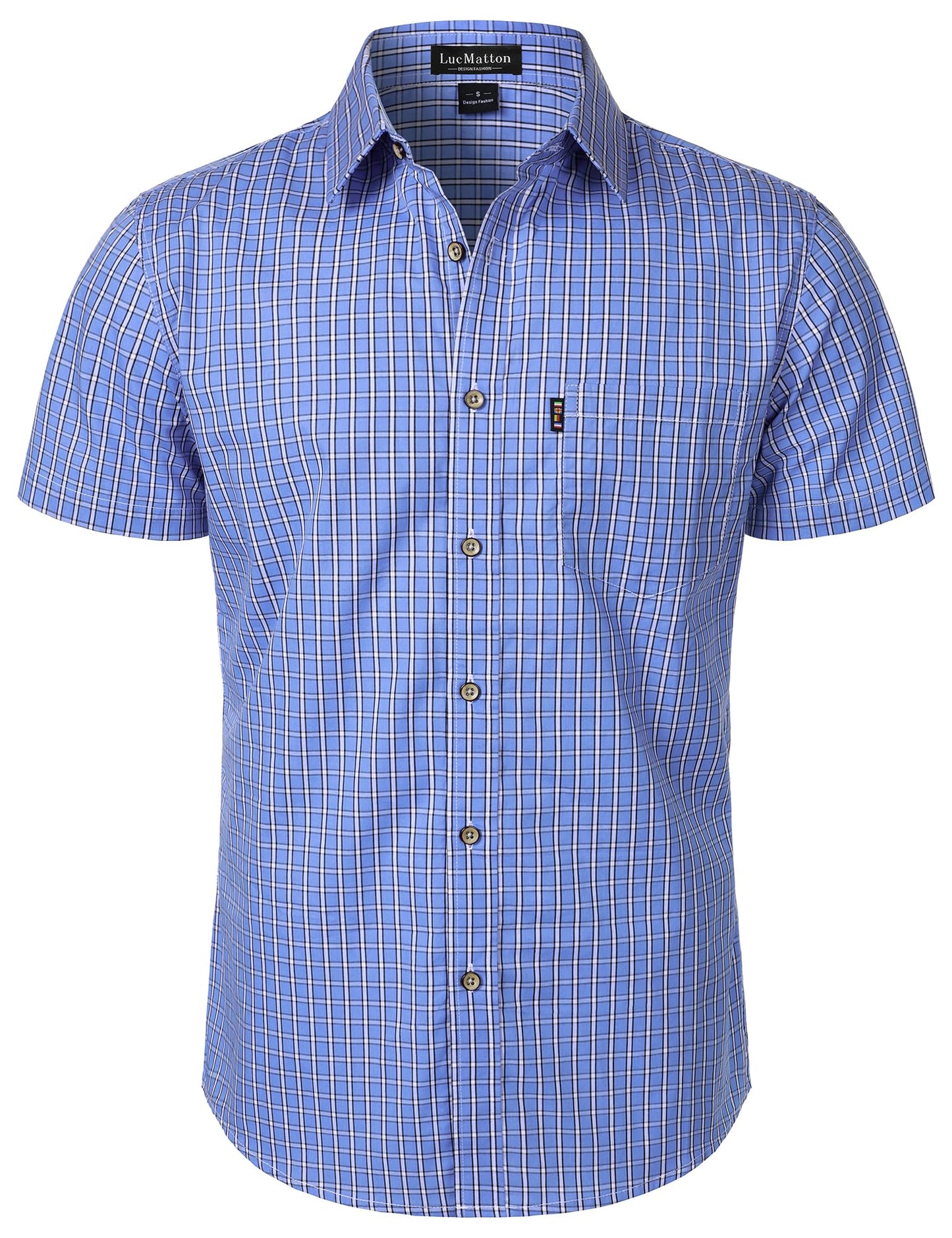 LucMatton Men's Gingham Short Sleeve Button Down Shirt Cotton Regular Fit Plaid Dress Shirts with Pocket