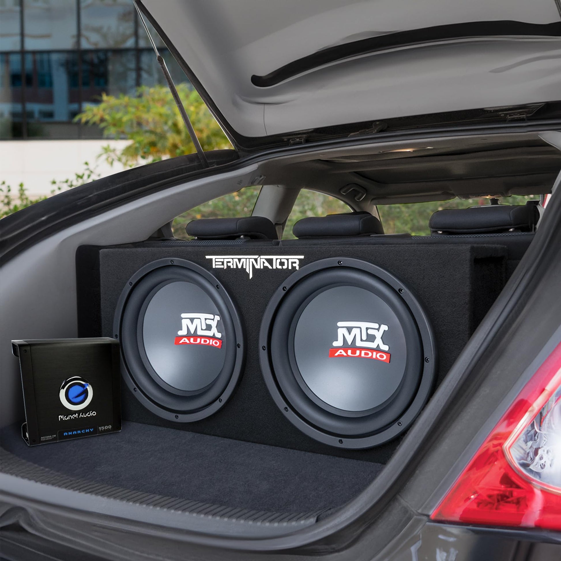 MTX 12-Inch Dual Subwoofer with Amp & Wiring Kit - Car Sound System Bundle with 1200W Peak Loaded Enclosure, Planet Audio Peak 1500W Monoblock Amplifier, and Soundstorm 8 Gauge Wiring Set