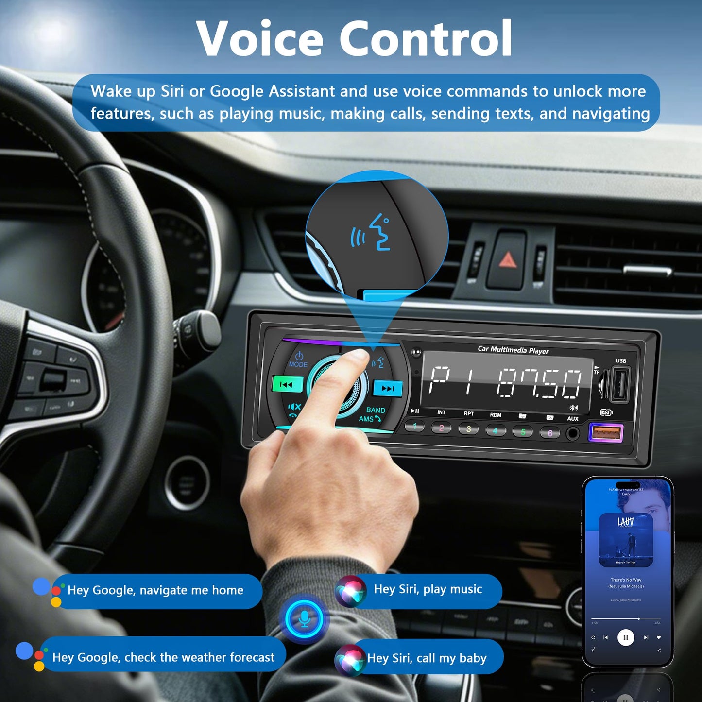 Marine Radio Single DIN Bluetooth Car Stereo System, Boat Radio Receiver Head Unit with Built-in Mic, Digital LCD, FM, EQ, MP3, RCA, USB, TF Card & Remote Control for Audio Upgrade