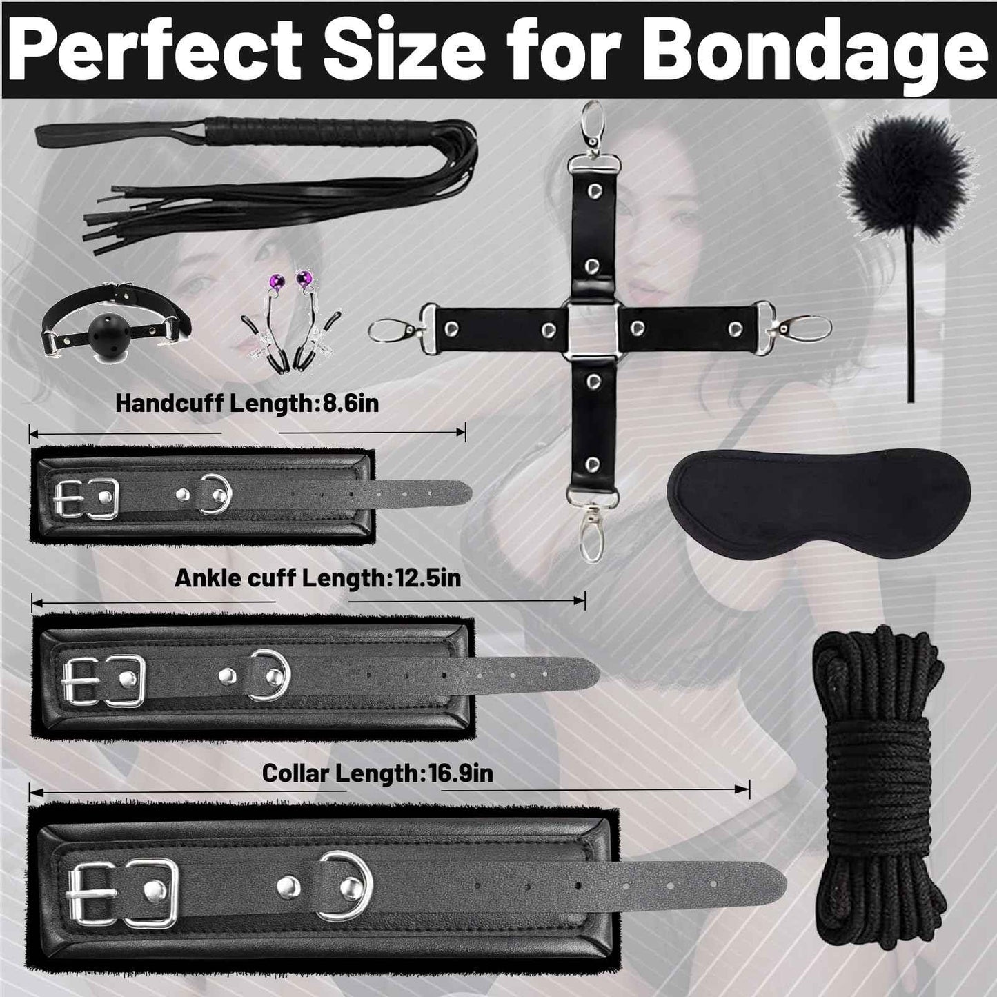 15 PCS Sex Bondage BDSM Kits Restraints, Fetish Handcuffs Ankle Cuff Collar Blindfold Whip Rope Nipple Clamps Paddle Anal Toys Ball Gag Adult Games Foreplay Toys for Couples