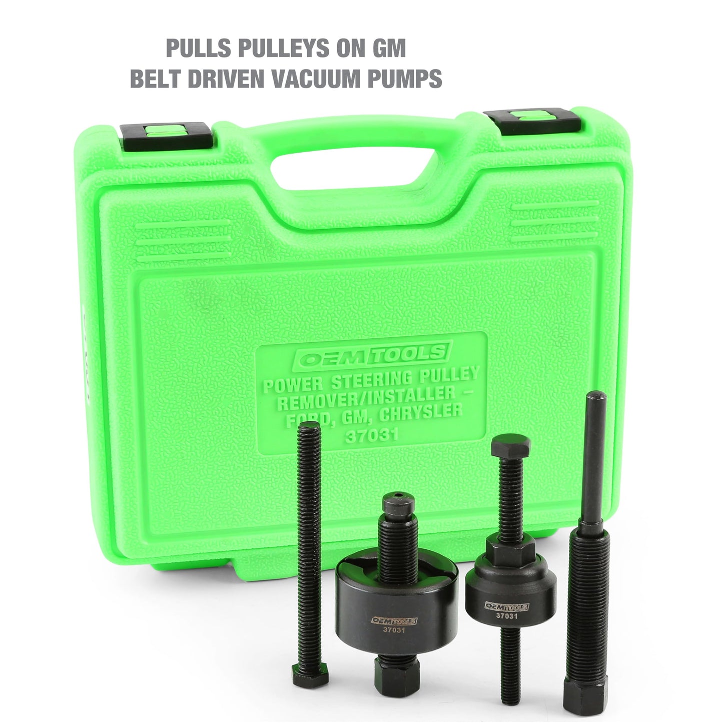 OEMTOOLS Power Steering Pulley Puller and Installer Kit, Removes and Installs Power Steering Pump Pulleys on Most Domestic Vehicles, Ford, GM, VW, 37031 Green Case