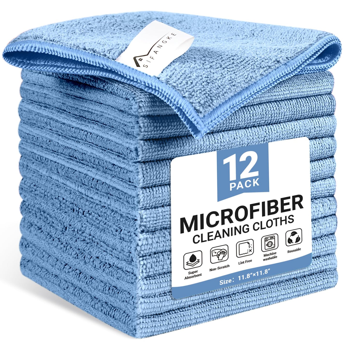 SIFANGKE Microfiber Cleaning Cloth, Lint-Free and Highly Absorbent Rags, Reusable Microfiber Towels for Car, Kitchen, Bathroom and Household Cleaning Supplies, 11.8"X11.8"