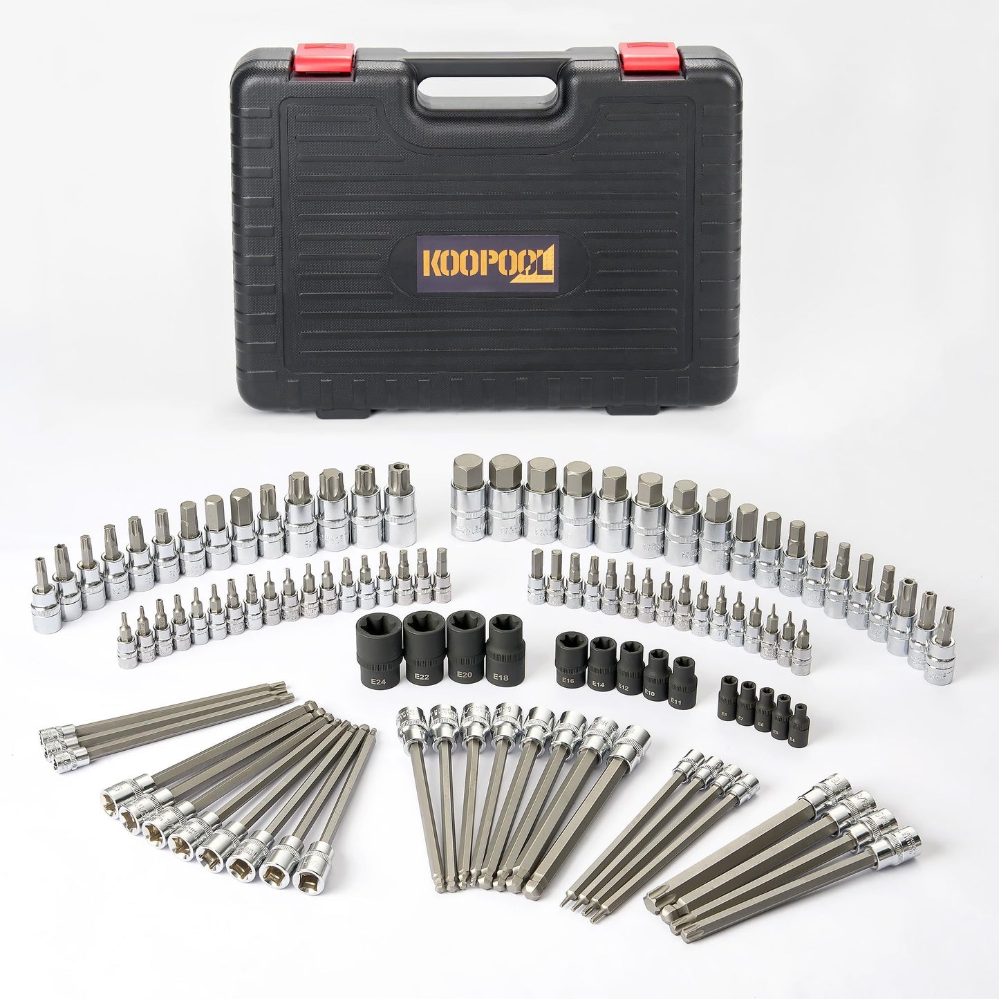 107-Piece Master Torx & Allen Bit Socket Set, S2 Steel, 1/4" 3/8" 1/2" Drive, Long Torx, Ball End Hex, Tamper-Resistant Star, E-Star Sockets, SAE & Metric