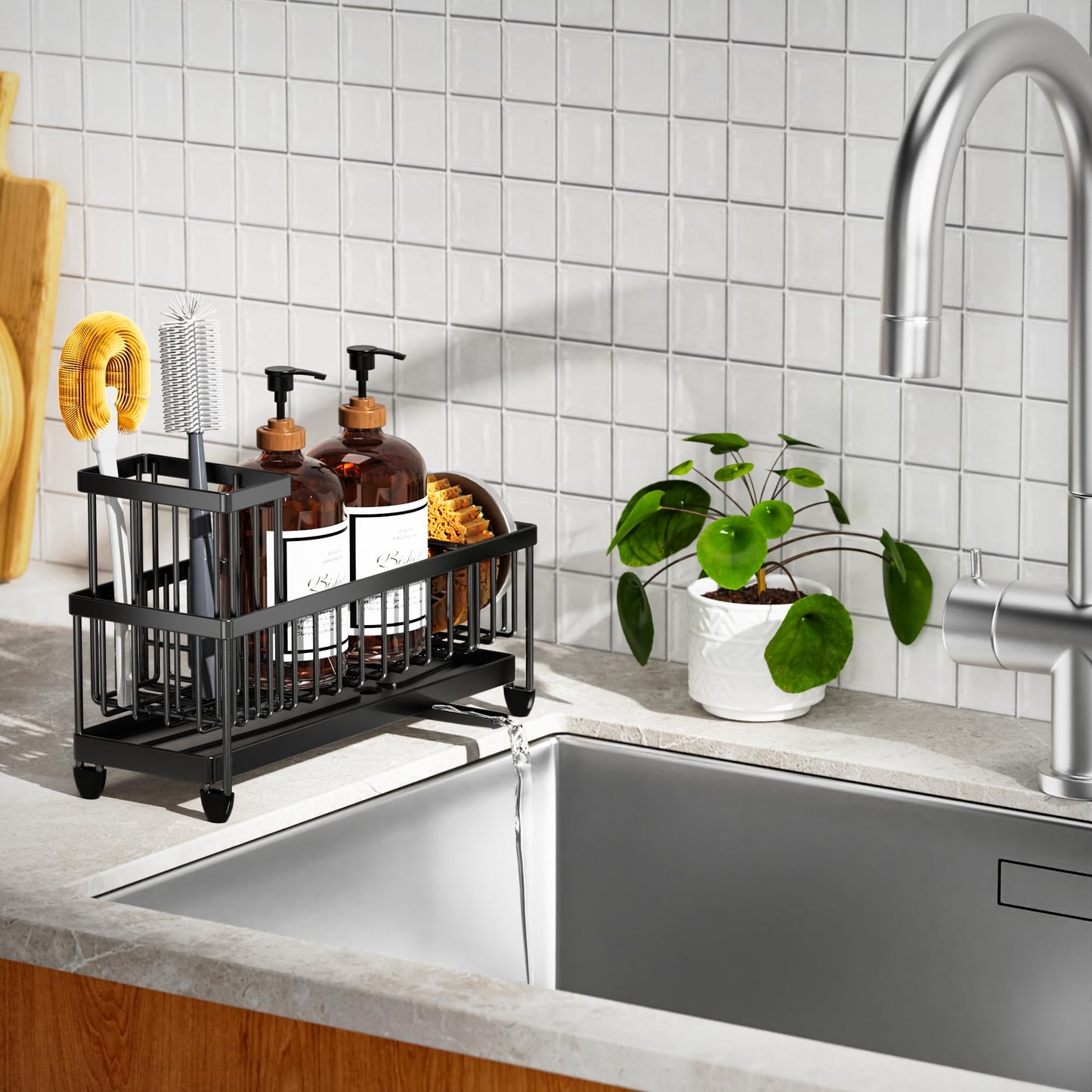Cisily Sponge Holder for Kitchen Sink, Sink Caddy Organizer with High Brush Holder, Kitchen Countertop Organizers and Storage Essentials, Rustproof 304 Stainless Steel