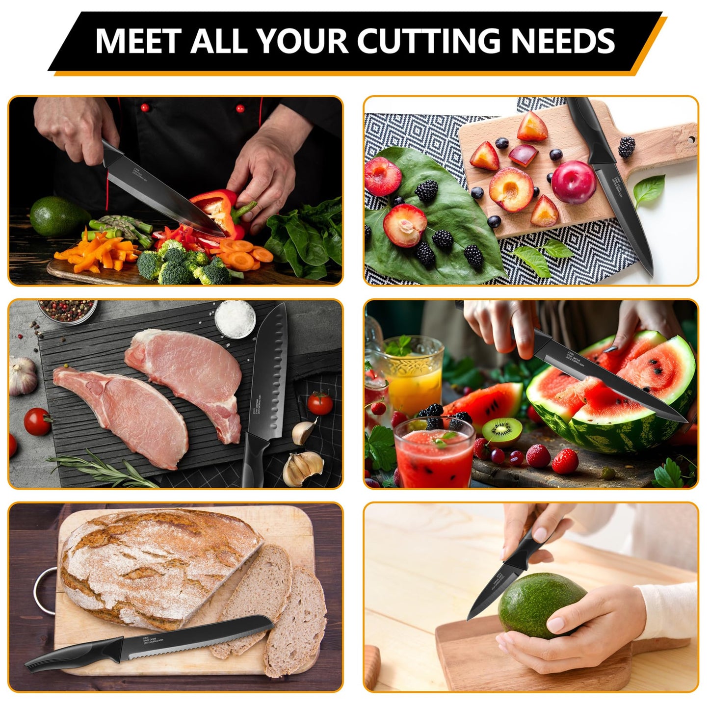 E-far 15-Piece Black/Khaki/White/Pink/Walnut Kitchen Knife Block Set
