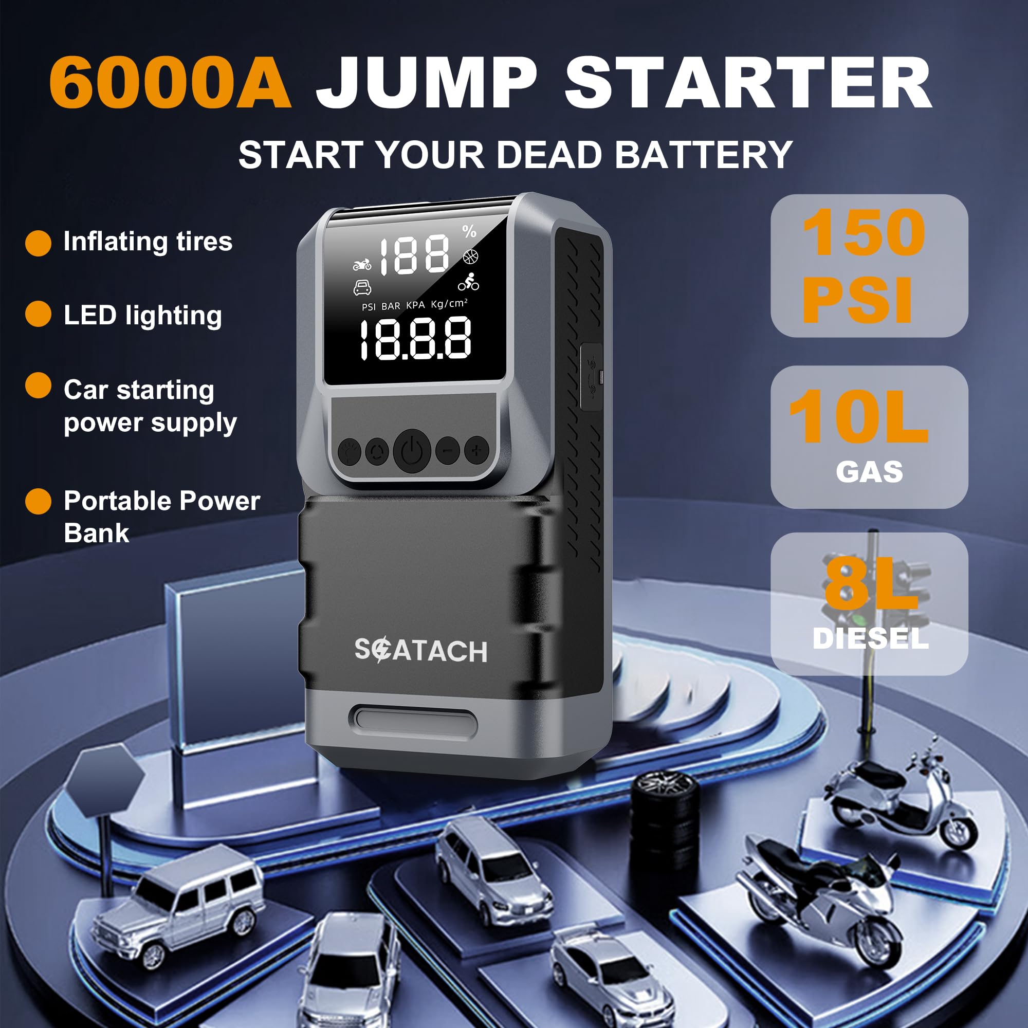 Jump Starter 3000A, Car Battery Jump Starter Portable (9.0L Gas and 7.0L Diesel), 12V Jump Box with Flashlight, Jump Cable, LED Display