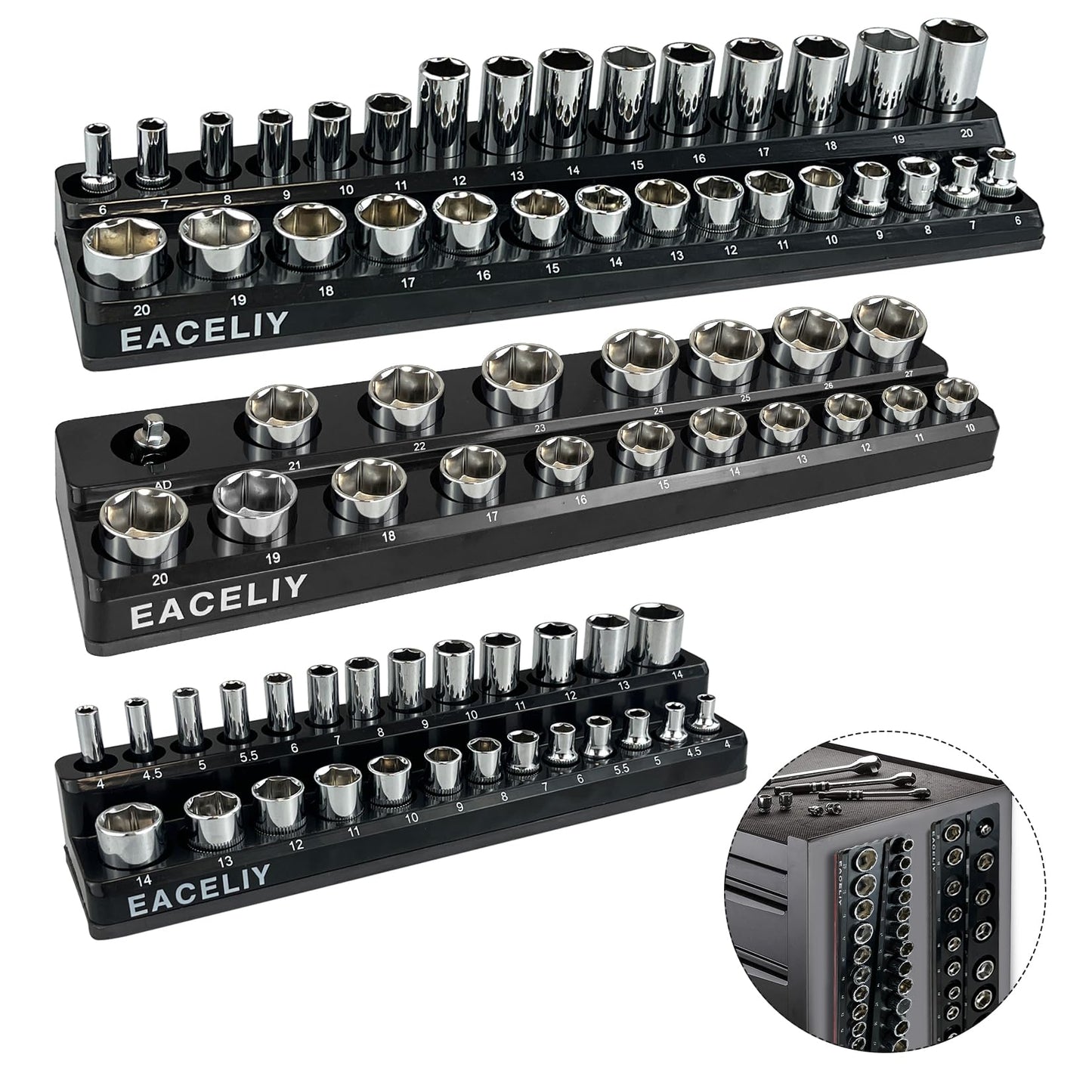8Pcs Magnetic Socket Organizer Set, 1/2", 1/4" and 3/8" SAE & Metric Deep & Shallow Socket Holder Kit, Socket Trays,holds 199pcs Sockets (sockets not included)