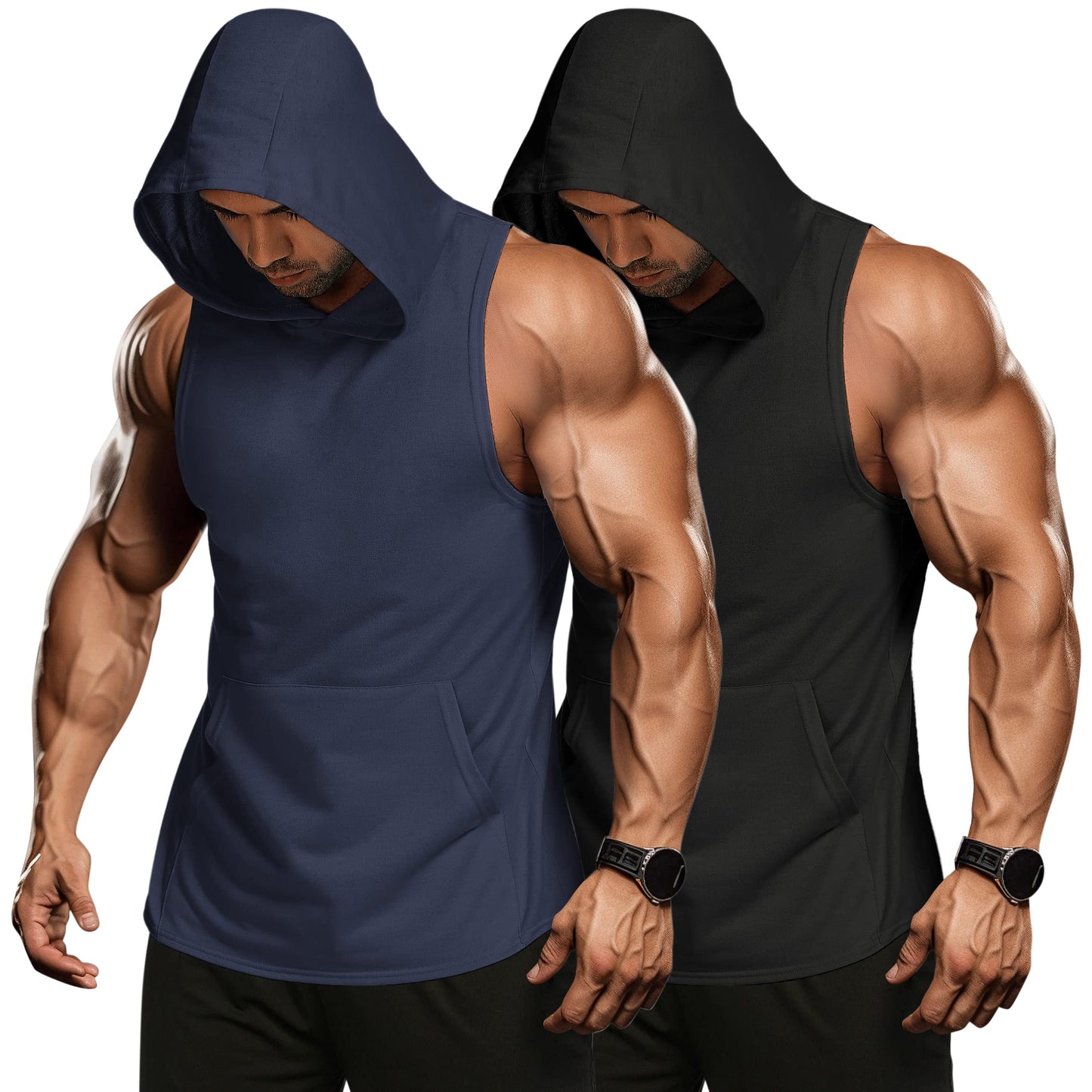 COOFANDY Men's 2 Pack Workout Hooded Tank Tops Bodybuilding Muscle Cut Off T Shirt Sleeveless Gym Hoodies