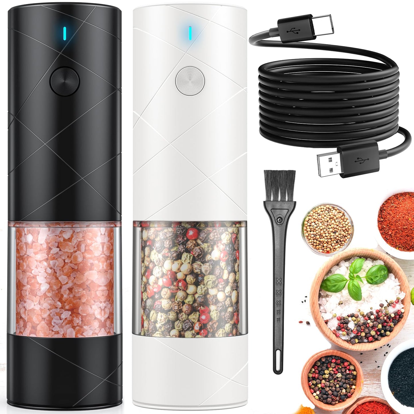 Electric Salt and Pepper Shakers Set Rechargeable with LED Light, Adjustable Coarseness Lidaop Large Capacity Automatic Salt Pepper Mill Grinder for Kitchen, Restaurant, Outdoor