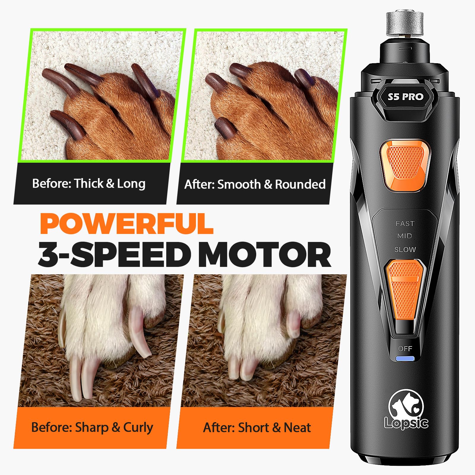 LOPSIC Whisper Quiet Dog Nail Grinder with LED Light, Safe & Stress-Free for Sensitive Dogs of All Breeds & Sizes, 3 Grinding Bits, 3-Speed, Pet Nail Trimmers, Rechargeable Painless Grooming Kit