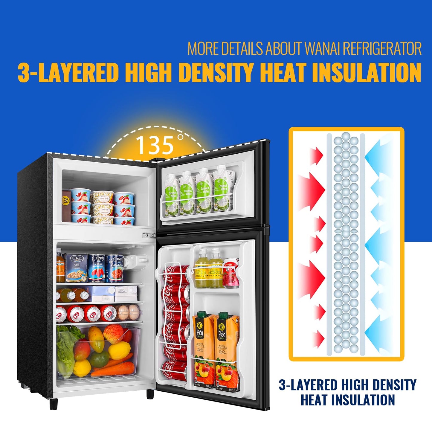 WANAI 3.5 Cu.Ft Mini Fridge With Freezer Compact Refrigerator with Freezer,7 Level Adjustable Thermostat Removable Shelves Small Refrigerator for Office Dorm Apartment