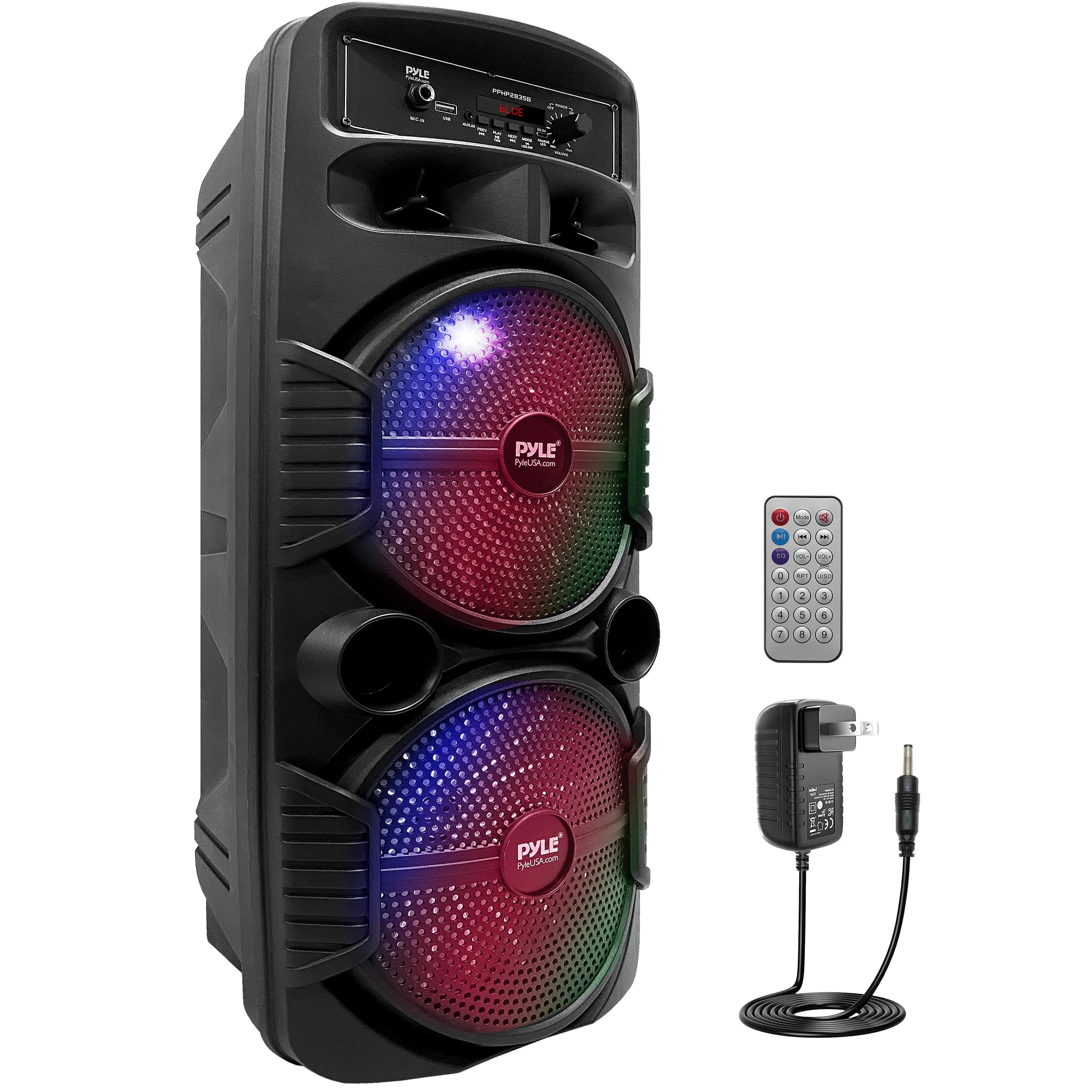 Pyle Portable Bluetooth PA Speaker System - 600W Rechargeable Outdoor Bluetooth Speaker Portable PA System w/Dual 8” Subwoofer 1” Tweeter, Microphone in, Party Lights, USB, Radio, Remote - PPHP2835B