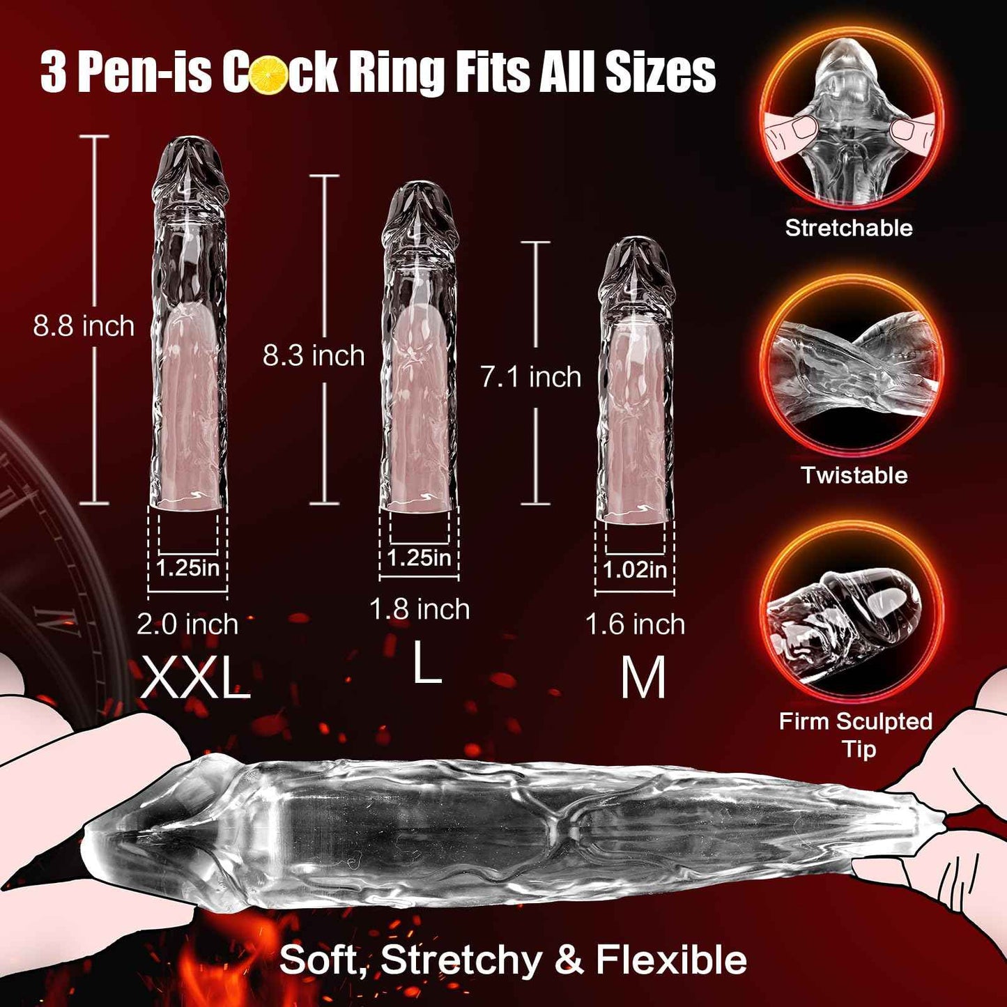 3 Size Reusable Penis Sleeve — Soft Clear Cock Sleeve & Penis Extender for Added Length & Girth, Ring-Free Secure Fit that Stays in Place, Comfortable Penis Extension for Men & Couples