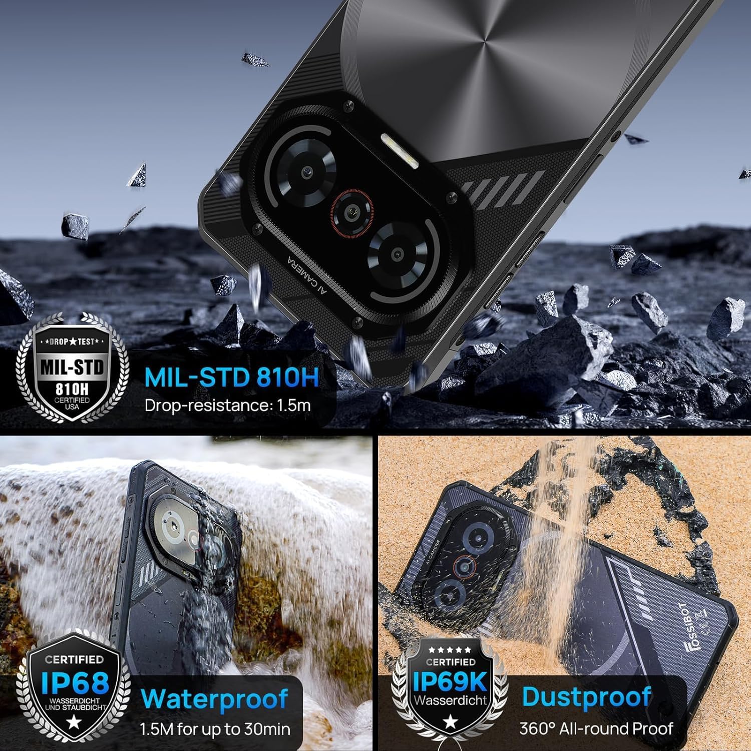 FOSSIBOT F114 Rugged Smartphone Android 15 50MP Camera Black