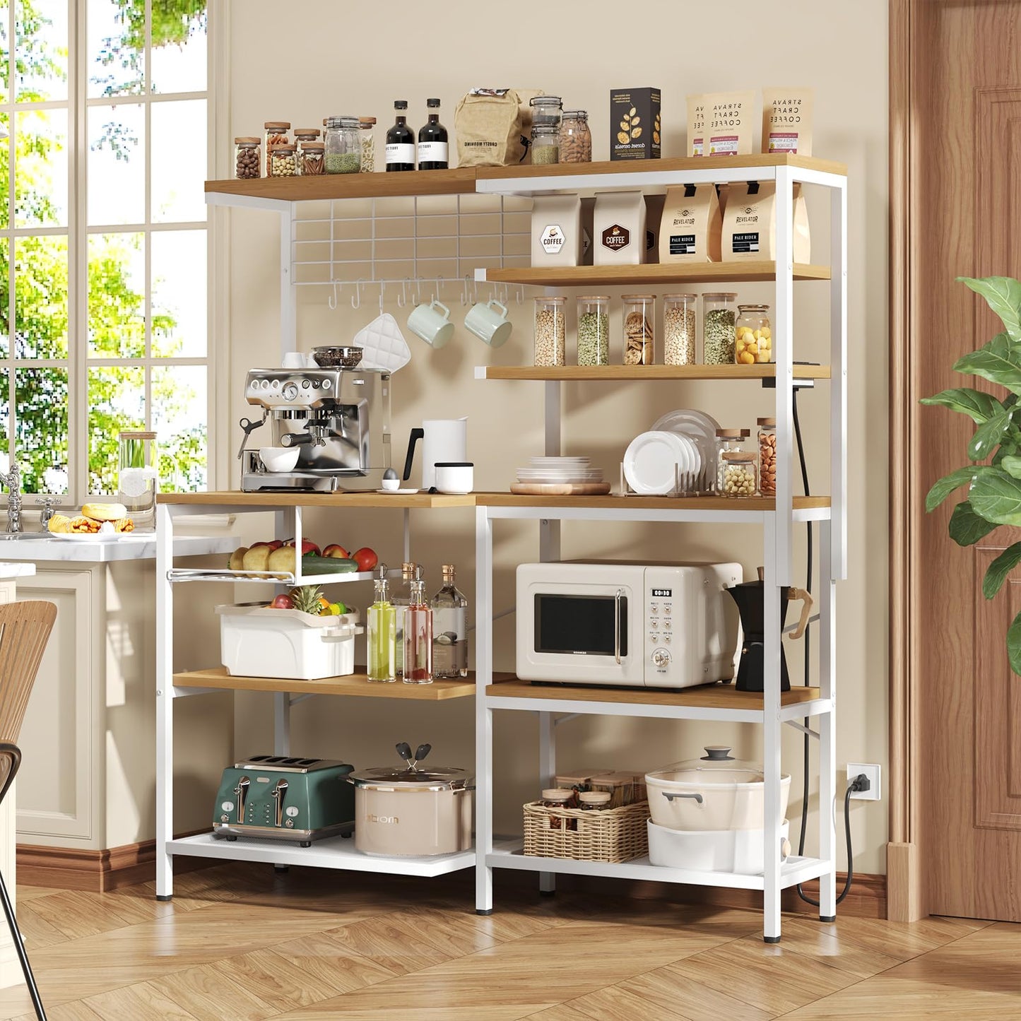 iabifo L-Shaped Bakers Rack with Power Outlet, 6-Tier Microwave Stand with Open Storage, Kitchen Shelf with Hooks,Coffee Bar for Living Room