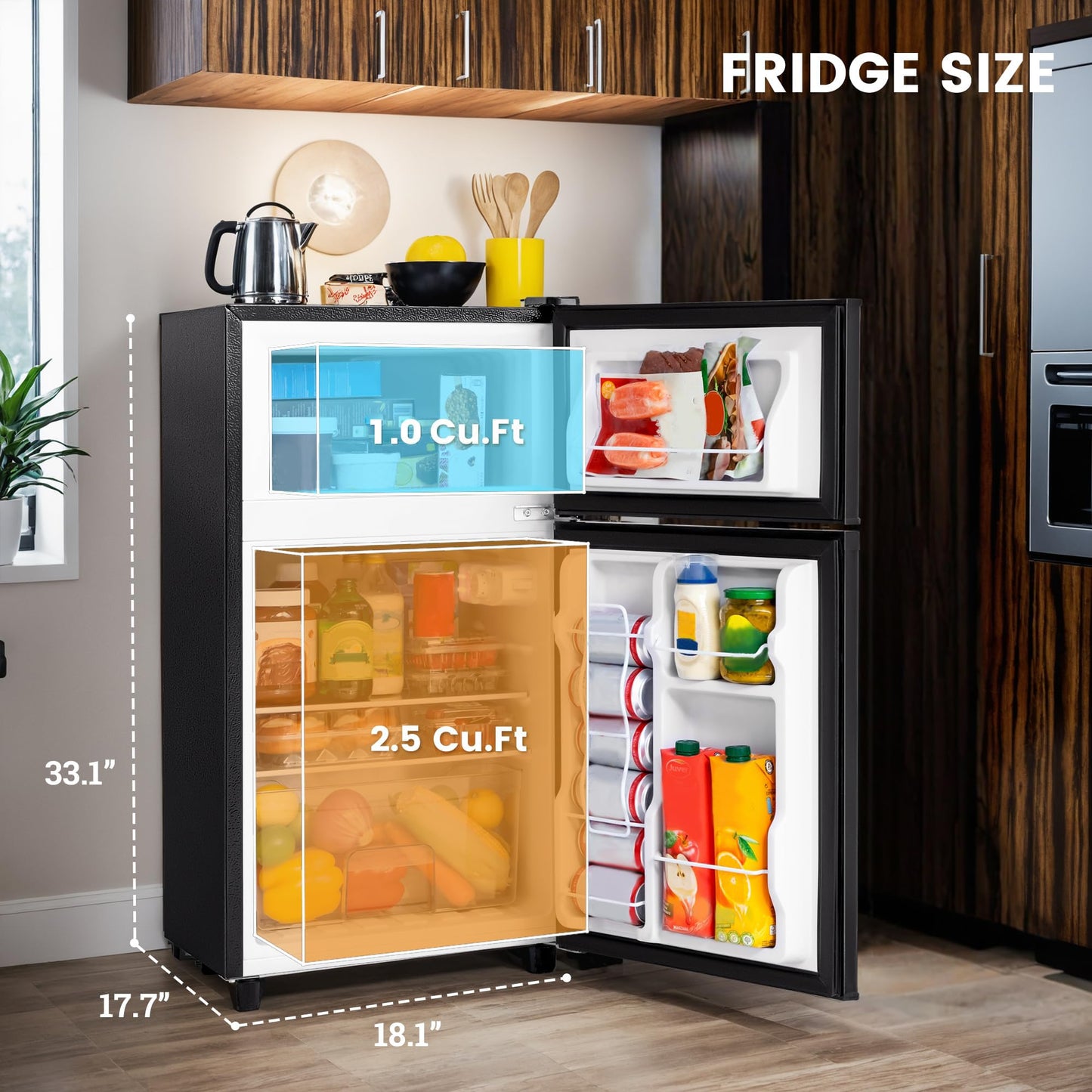 Manastin 3.55 Cu.Ft Mini Fridge with Freezer, Small Refrigerator with 2 Doors for Kitchen, Dorm, Office and Bedroom, Mini Refrigerator with Adjustable Shelves (Black)