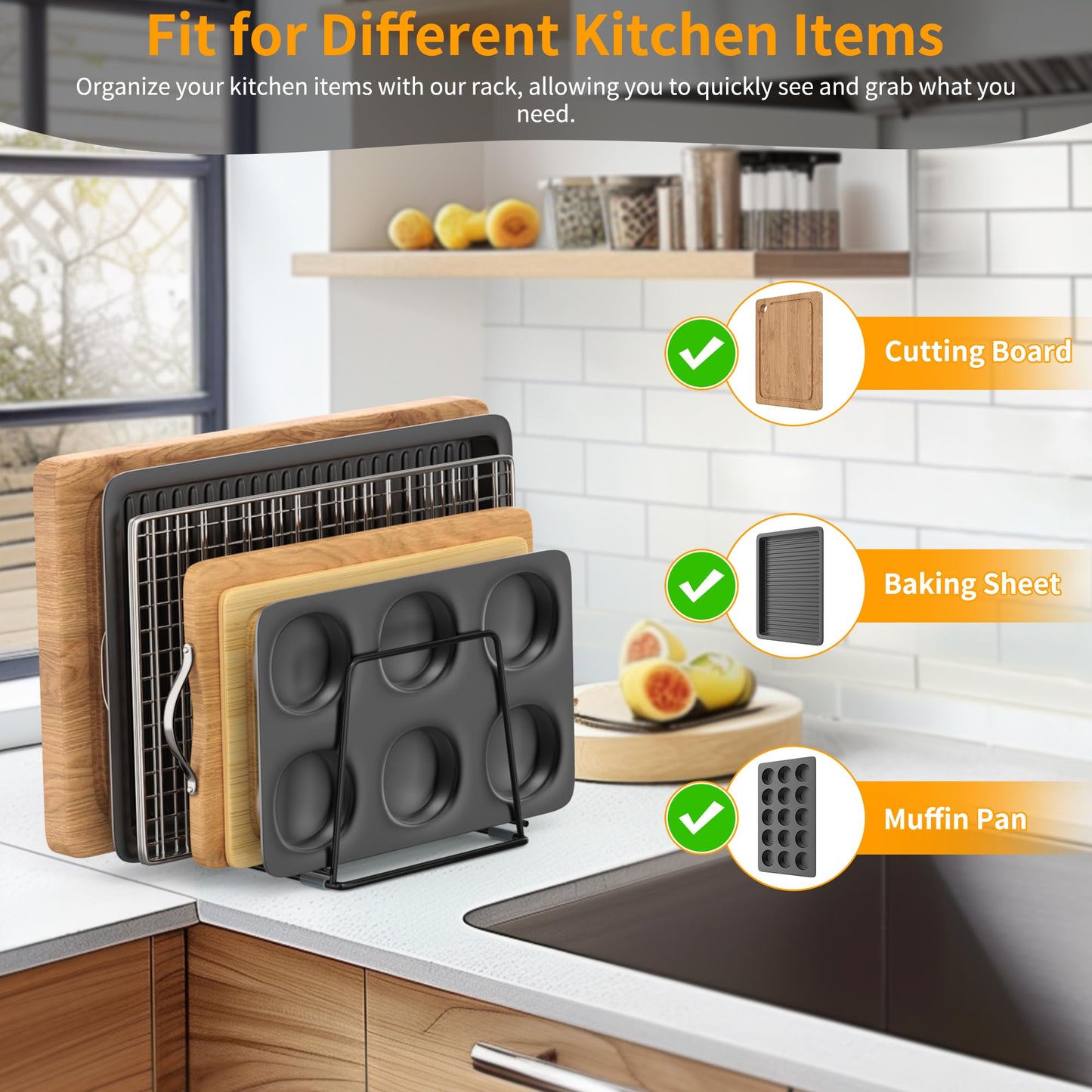 LAEMYFYRE Cutting Board Organizer Kitchen Organizer Rack for Cutting Board, Bakeware, and Cookie Sheet, 5-Slot Heavy-Duty Steel Cookware Holder,Rust-Resistant with Anti-Slip Feet