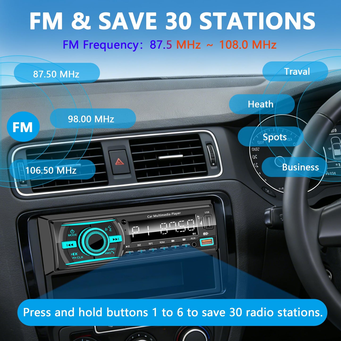 Marine Radio Single DIN Bluetooth Car Stereo System, Boat Radio Receiver Head Unit with Built-in Mic, Digital LCD, FM, EQ, MP3, RCA, USB, TF Card & Remote Control for Audio Upgrade