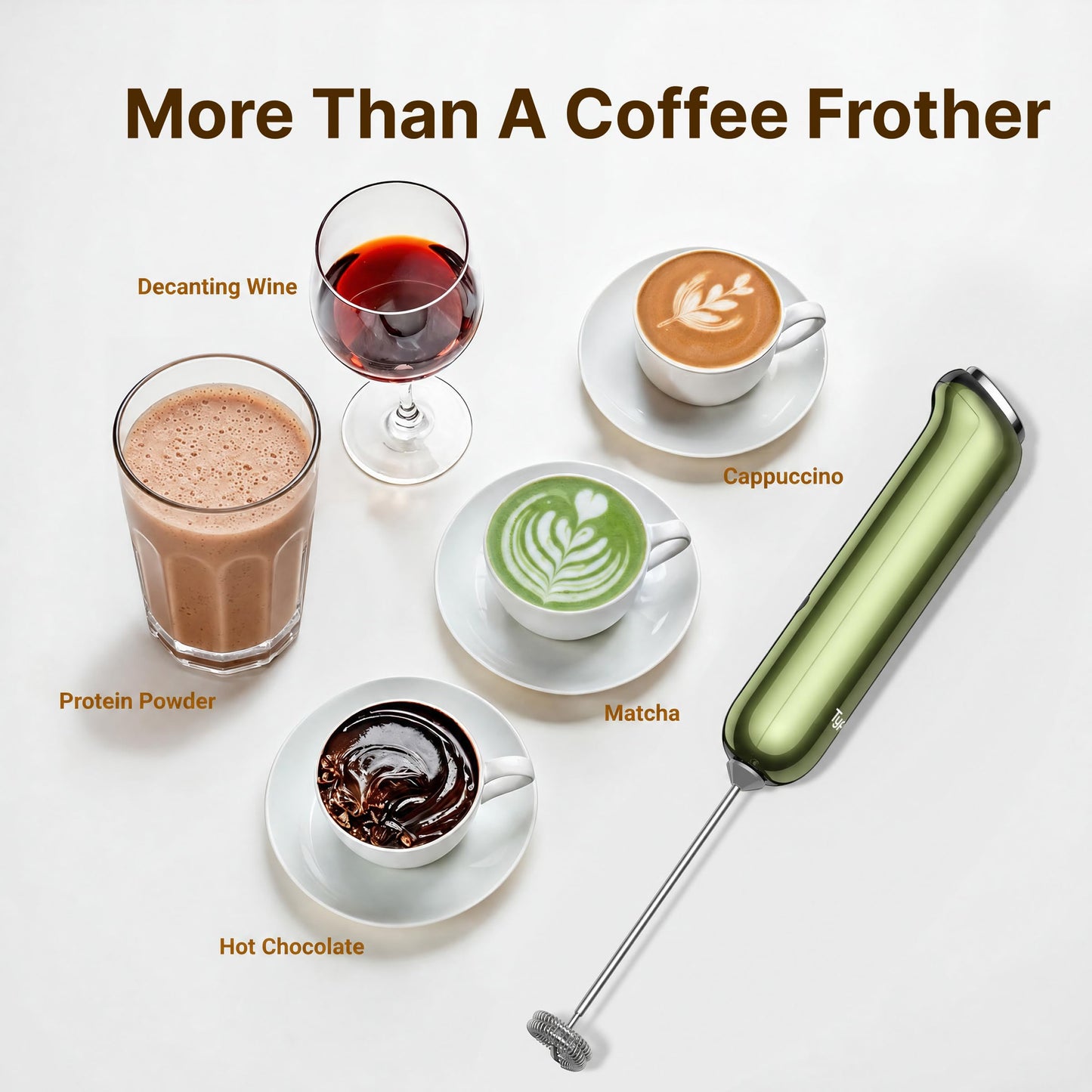 InstaWhisk Milk Frother with Variable Speed, Rechargeable Coffee Frother Wand with Detachable Double Whisk, Handheld Electric Stirrer for Latte, Cappuccino, Almond Milk, Protein