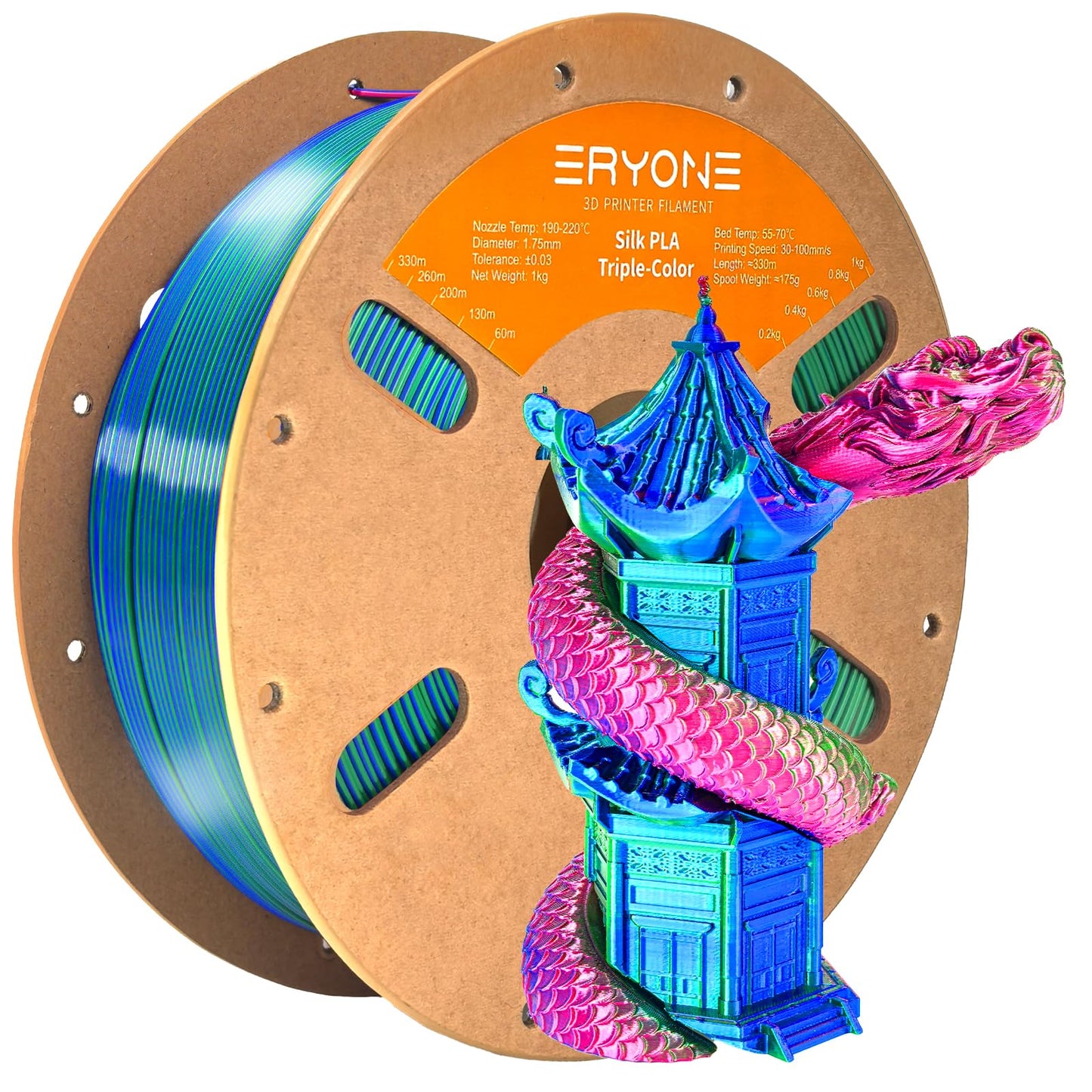 ERYONE Silk Color PLA Filament 3D Printer 1.75mm +/- 0.03mm, Filament PLA Cardboard Spool