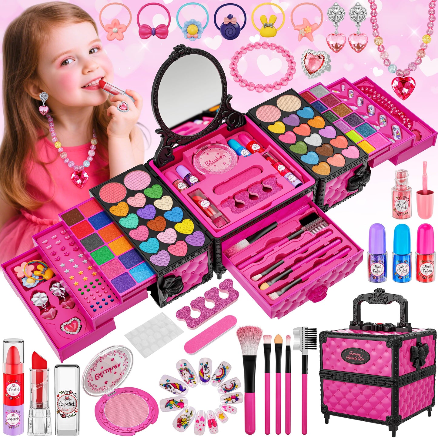 99 Pcs Kids Makeup Kit for Girls, Princess Toys Real Washable Cosmetics Set with Mirror