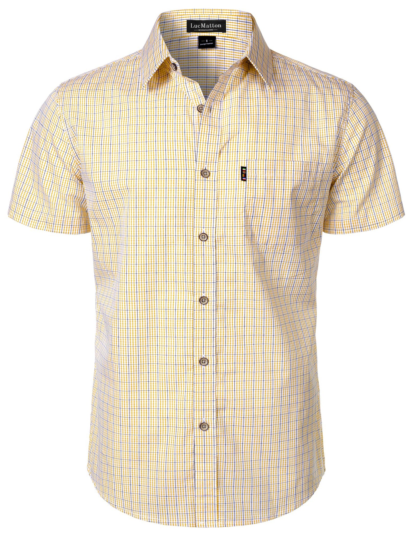 LucMatton Men's Gingham Short Sleeve Button Down Shirt Cotton Regular Fit Plaid Dress Shirts with Pocket
