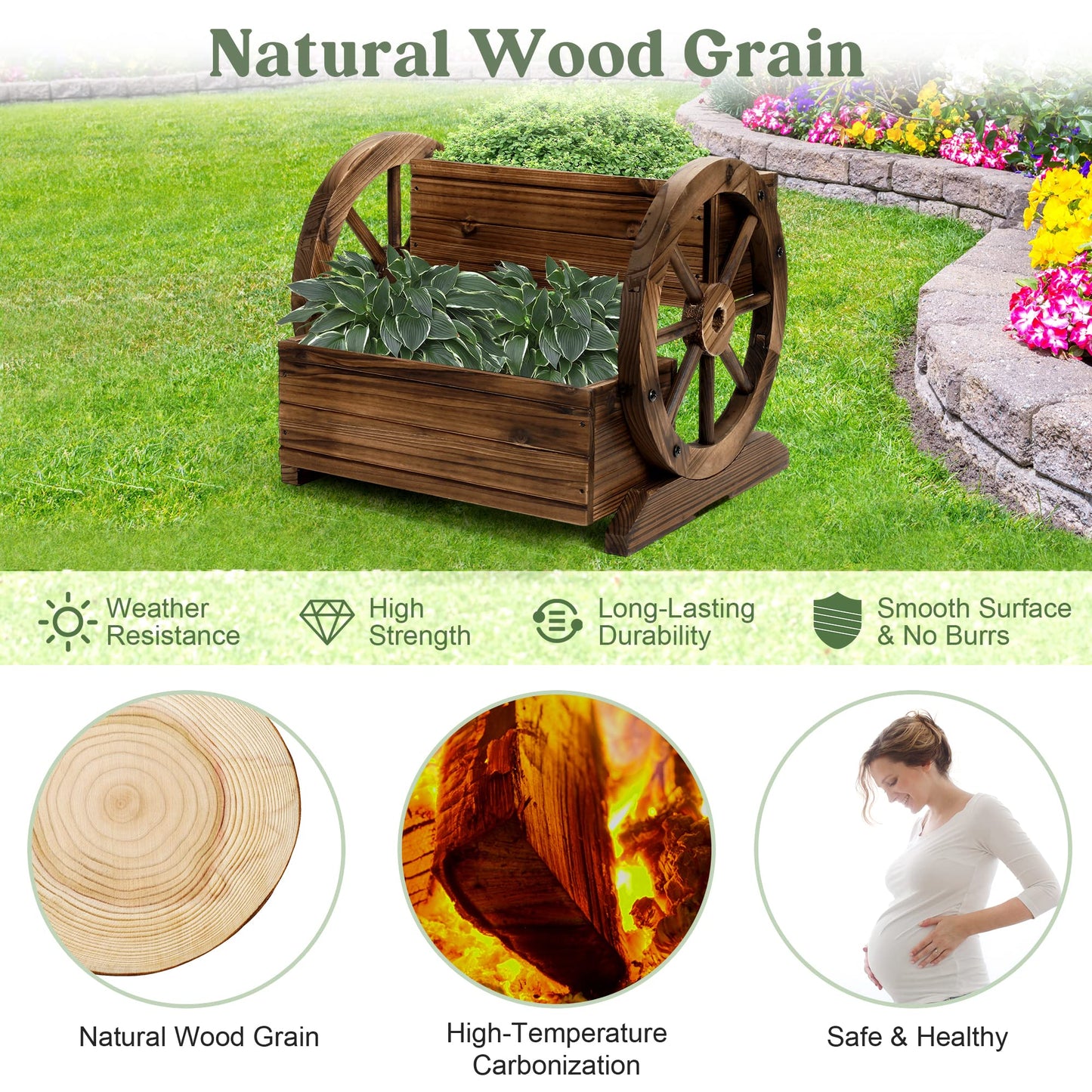 OIPRTGFJ Wooden Wagon Planter Box Garden Planter with Wheels