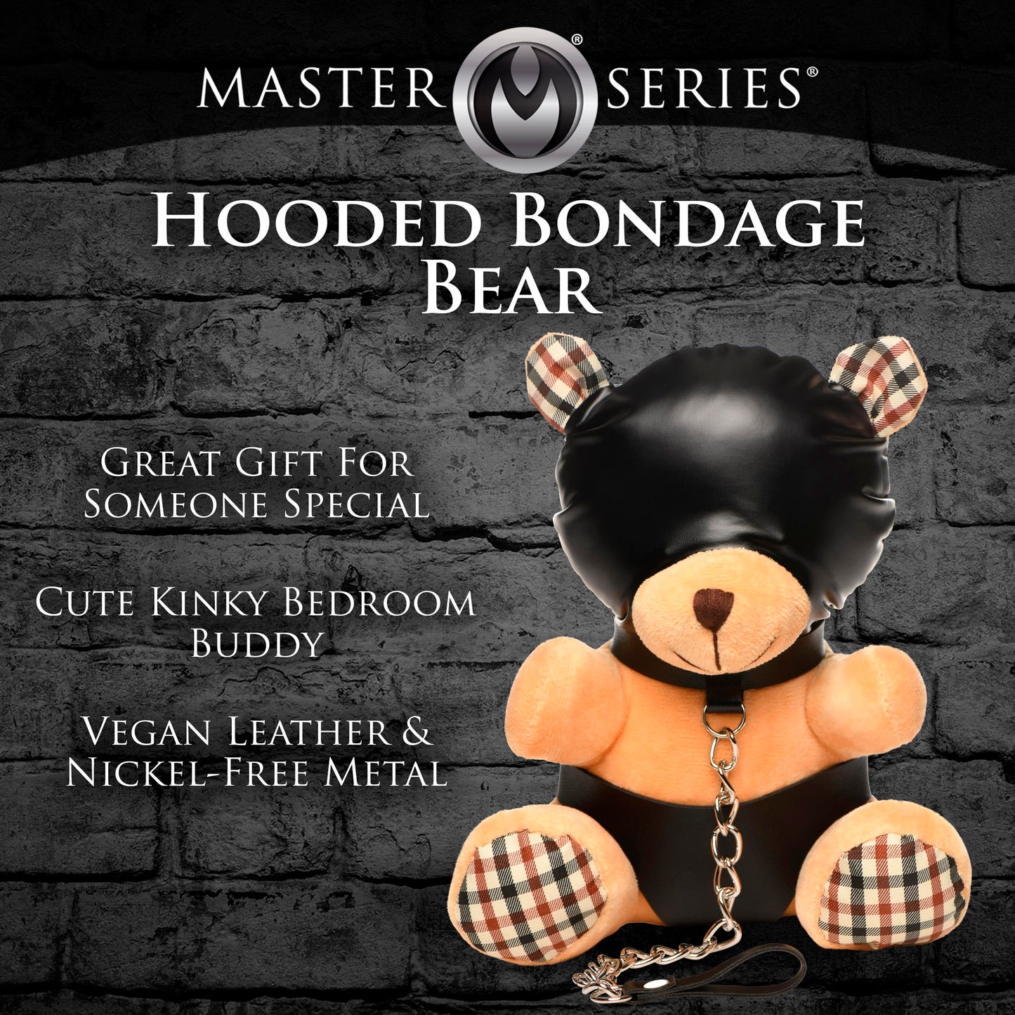 MASTER SERIES Hooded Bondage Bear for Men, Women & Couples. Soft, BDSM Themed Teddy Bear Stuffed Animal Medium. Cute and Sexy Gift. 1 Piece, Beige and Black.