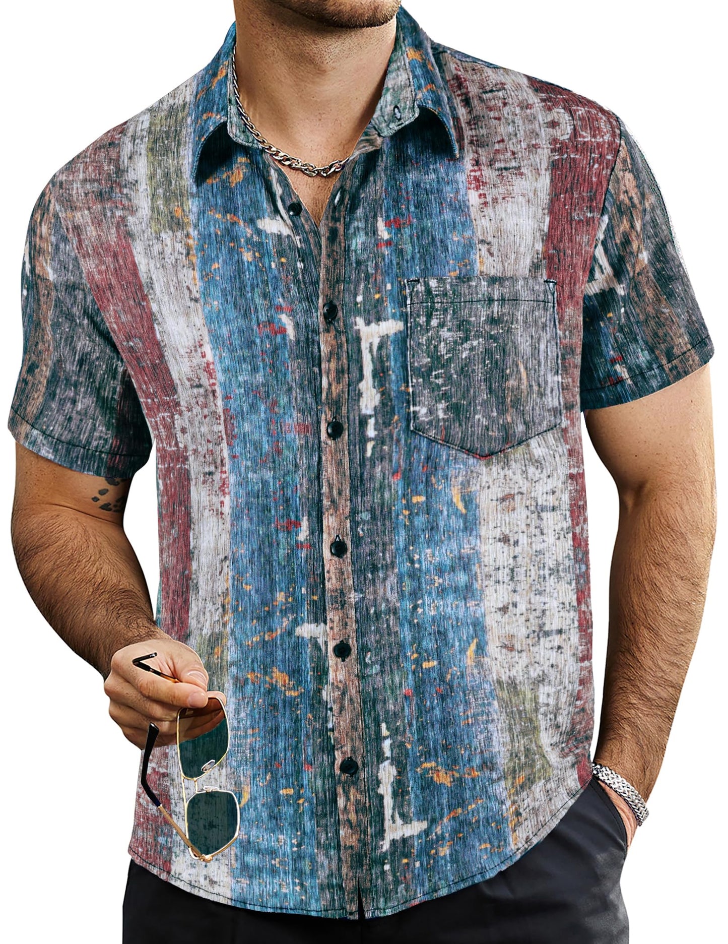 VATPAVE Mens Summer Striped Shirts Button Down Short Sleeve Vintage Beach Hawaiian Shirts with Pocket