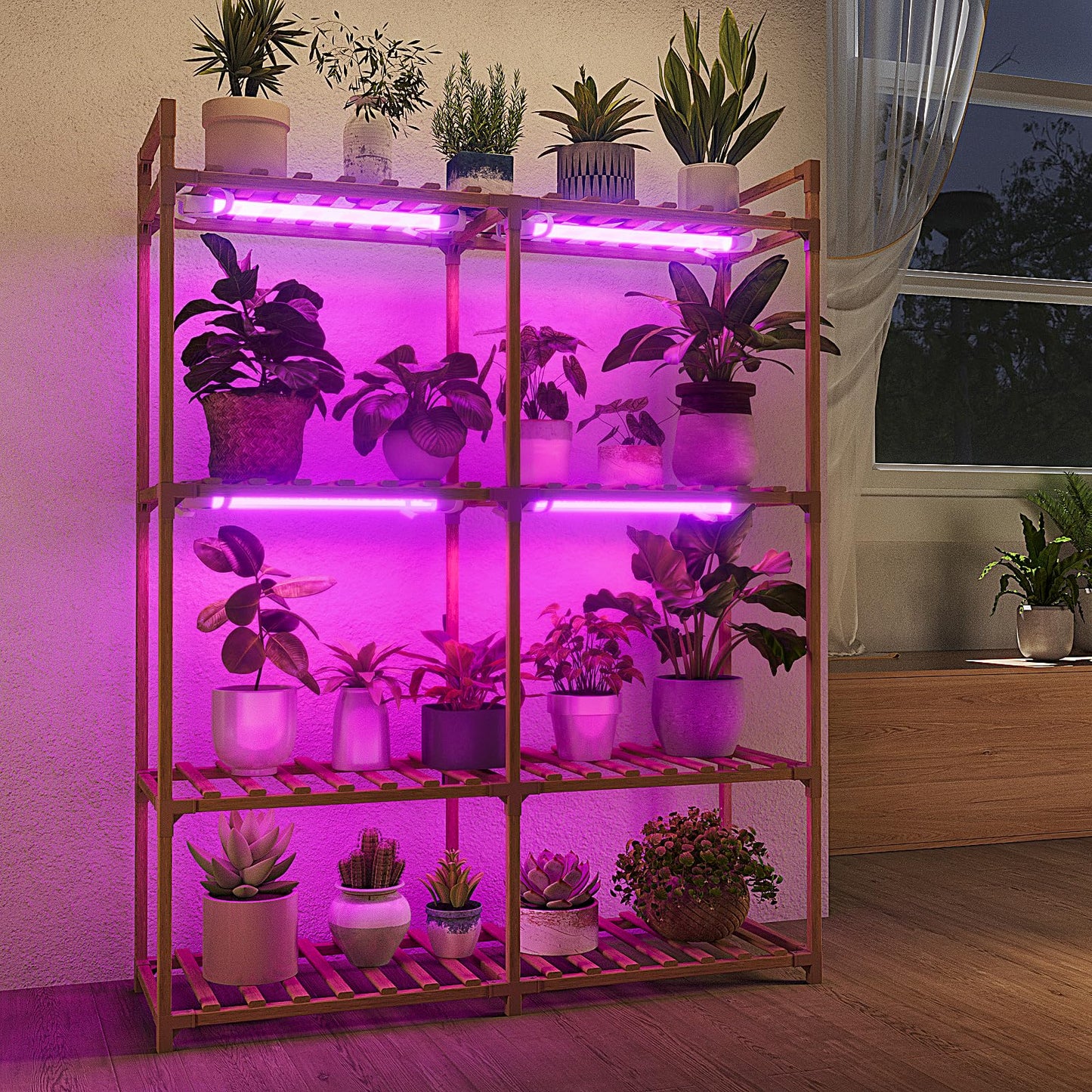 Bamworld Wood Plant Stand - Indoor/Outdoor Hanging Shelf for Multiple Plants, Tall Large Holder for Living Room, Patio, Balcony, Garden 02Futi