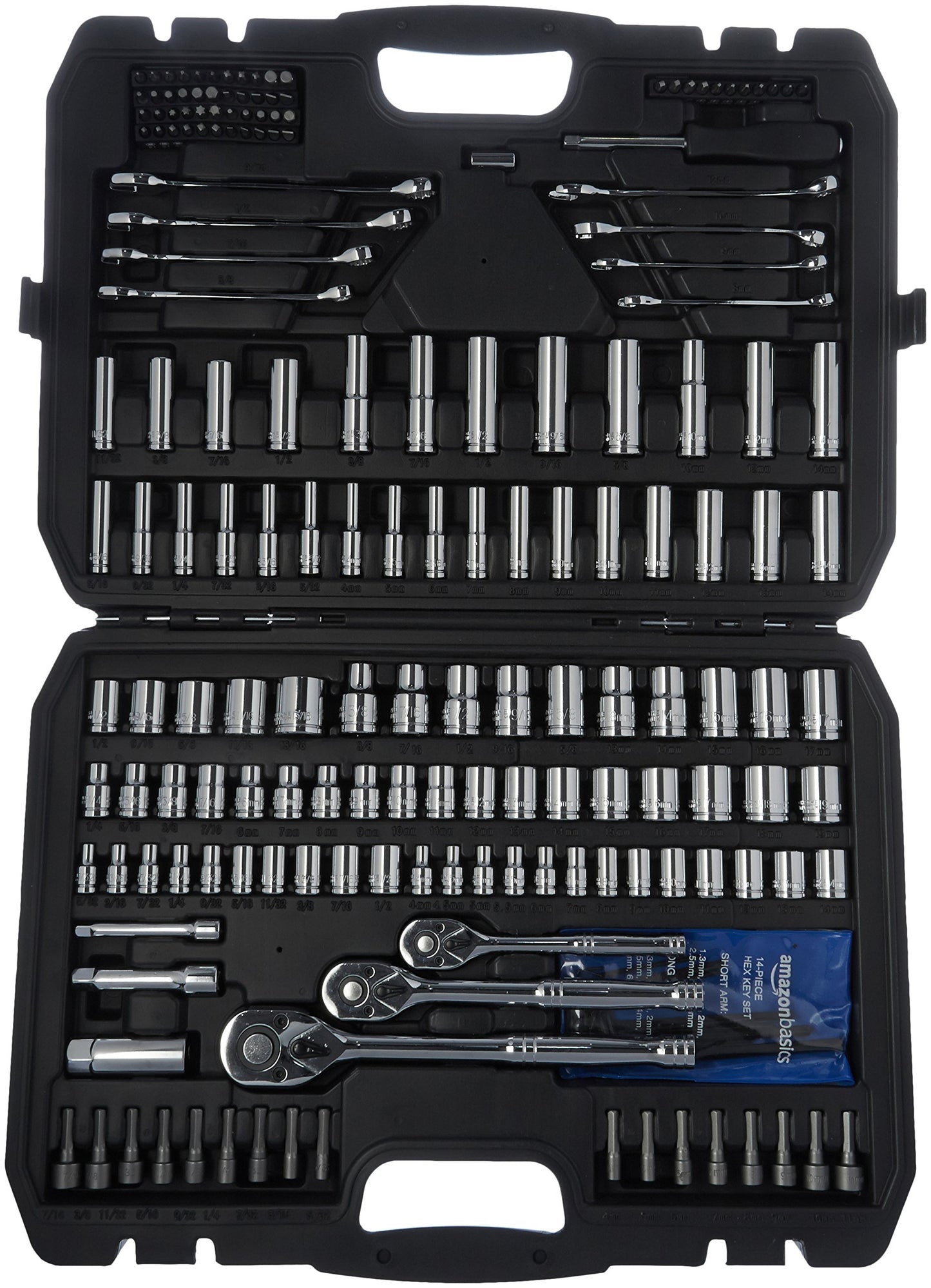 Amazon Basics Mechanic Socket Tool Kit Set With Case Amz170 Alloy Steel Polished Hex Fastener Drive Bit
