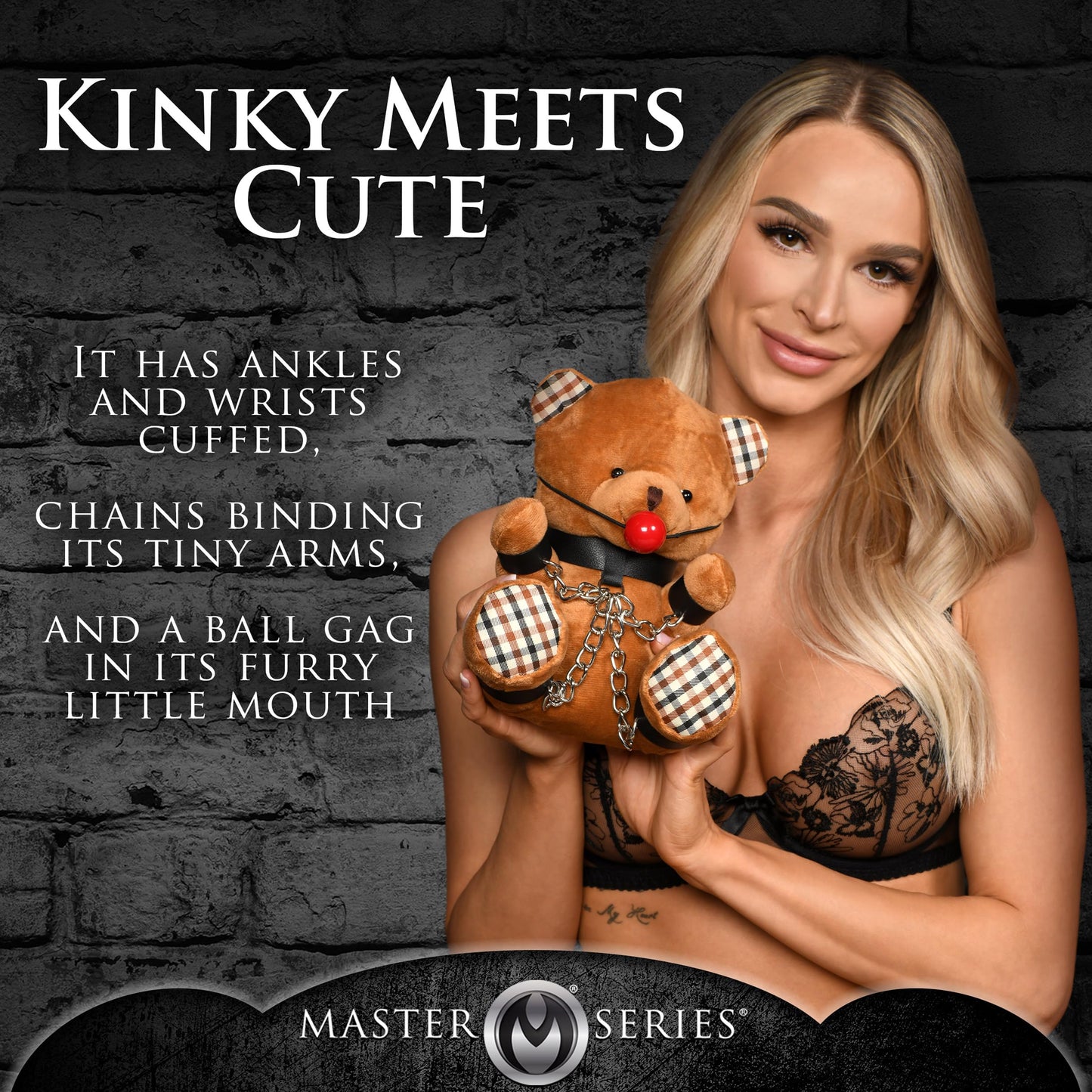 MASTER SERIES Gagged Bondage Bear for Men, Women & Couples. Soft, BDSM Themed Teddy Bear Stuffed Animal Medium. Cute and Sexy Gift. 1 Piece, Beige and Black.