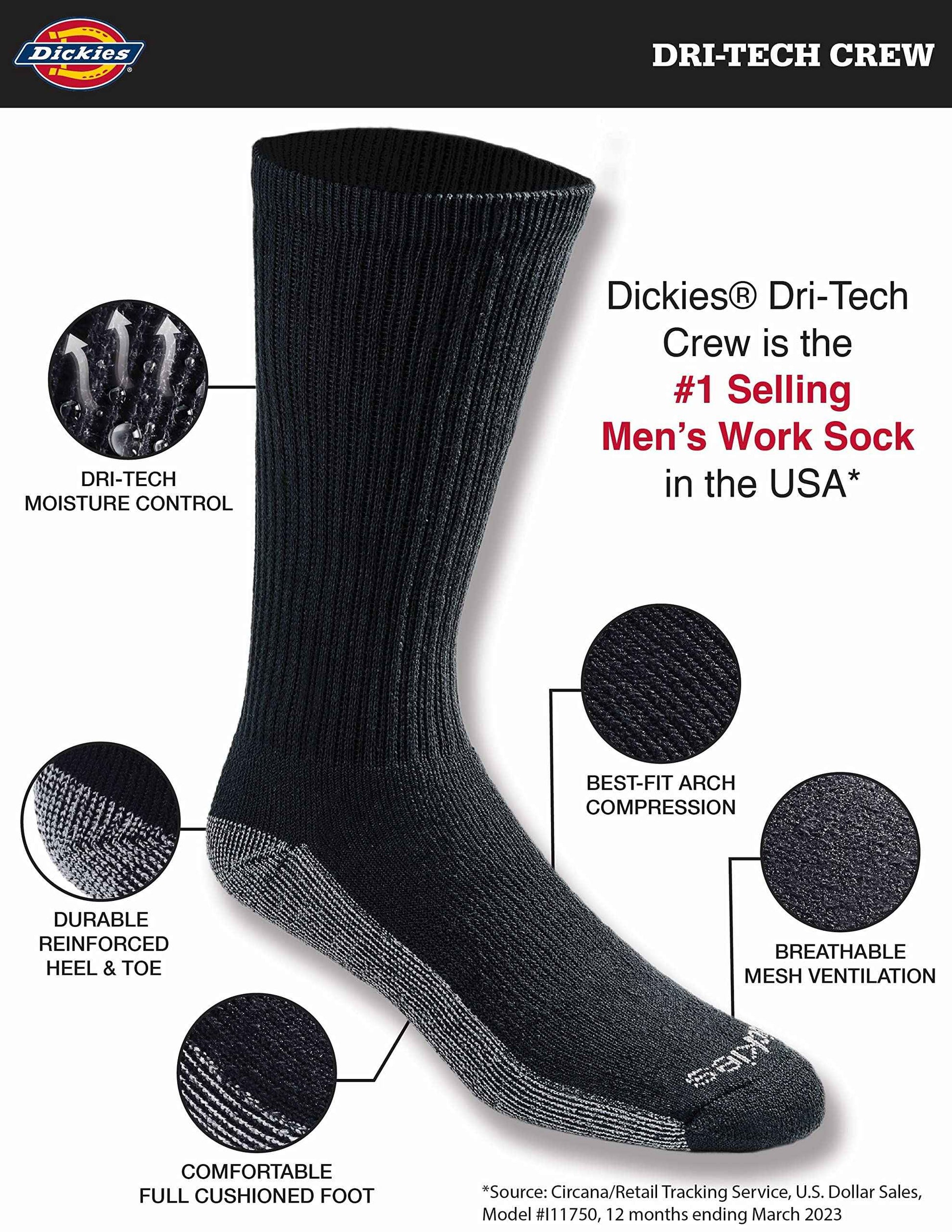 Dickies Men's Dri-Tech Essential Moisture Control Crew Socks, Available in M-XXL (6, 12 Pairs)