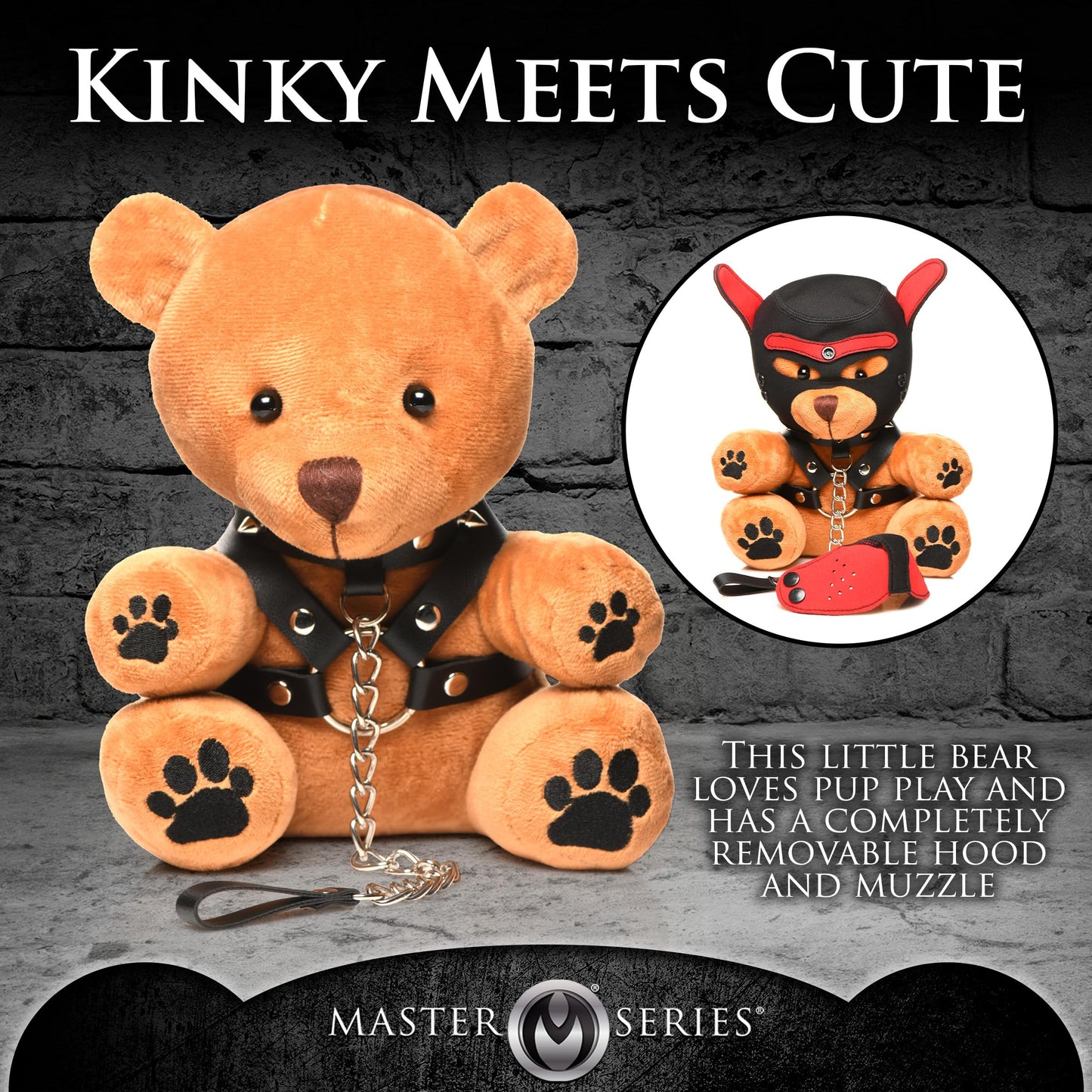 Master Series Pup Bear for Beginners, Men, Women, & Couples. Cuddly Bear with Pup and Bondage Gear. Kinky Gift. 3 Pieces, Brown & Black.