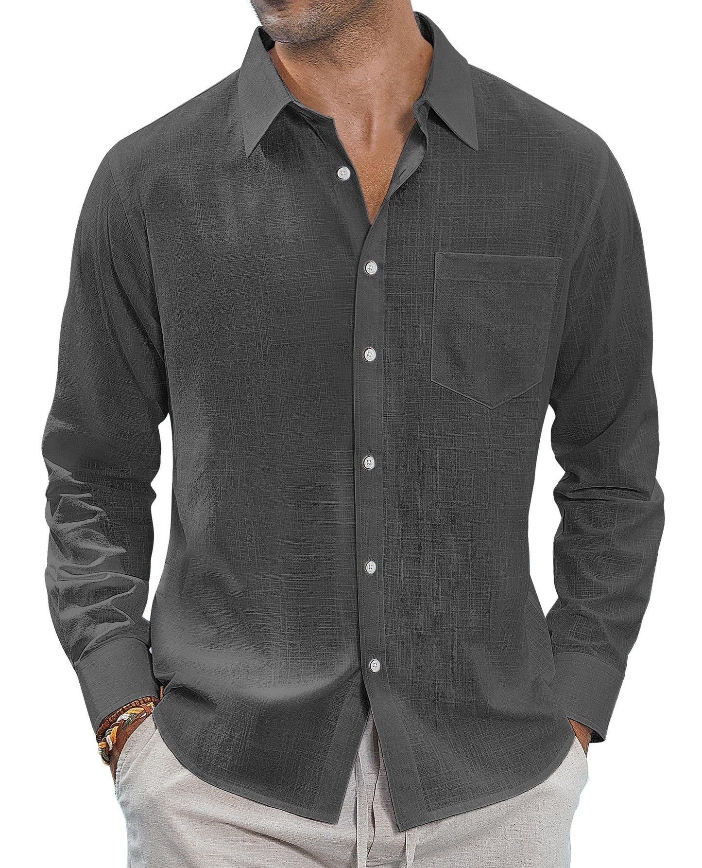 J.VER Men's Linen Shirts Casual Button Down Long Sleeve Shirt Solid Spread Collar Summer Beach Shirts with Pocket