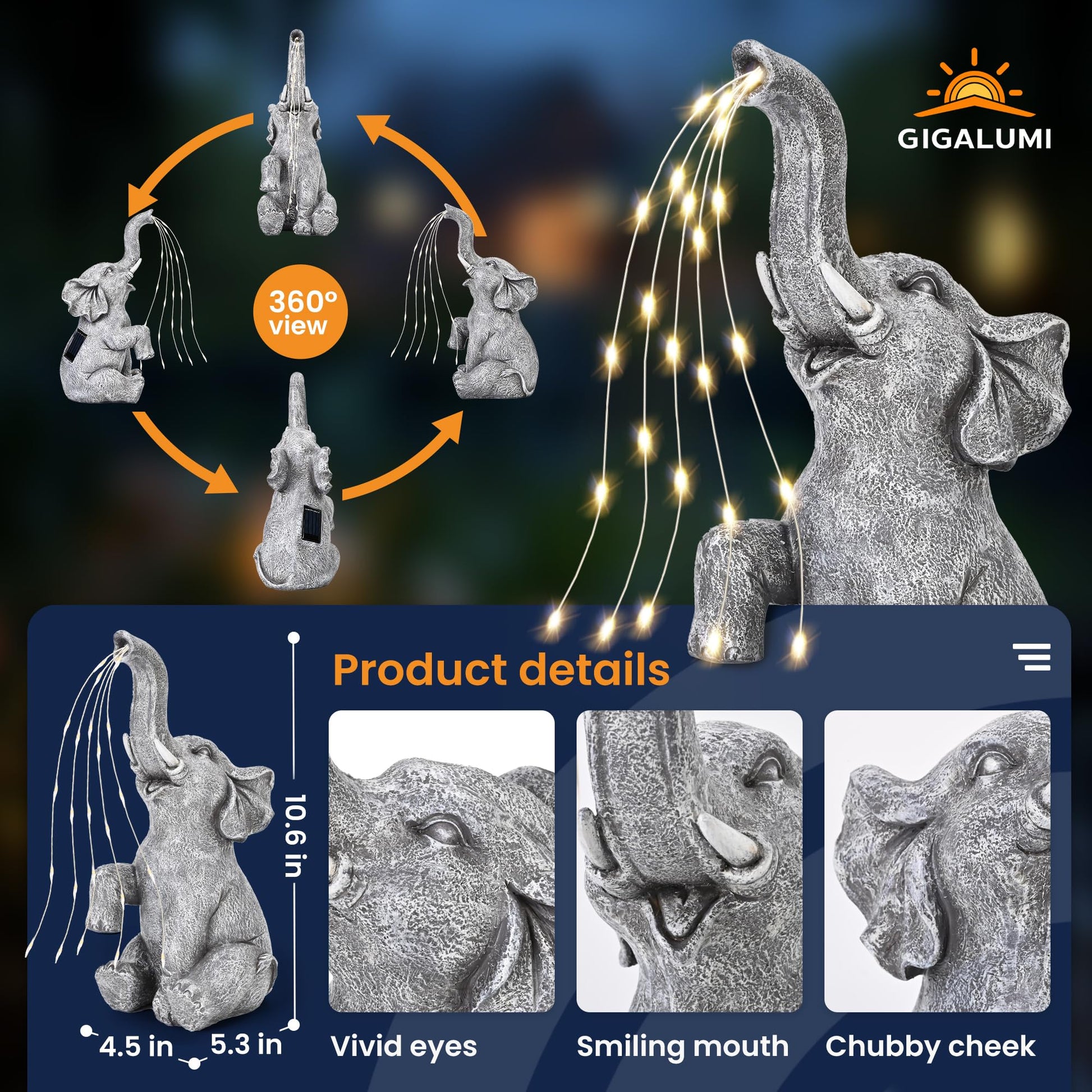 GIGALUMI Solar Garden Decor Cute Elephant Sculpture Outdoor, Birthday Gifts for Women Mom Grandma Senior Elder, Elephant Statues Ornament for Balcony, Garden, Patio, Yard, Lawn