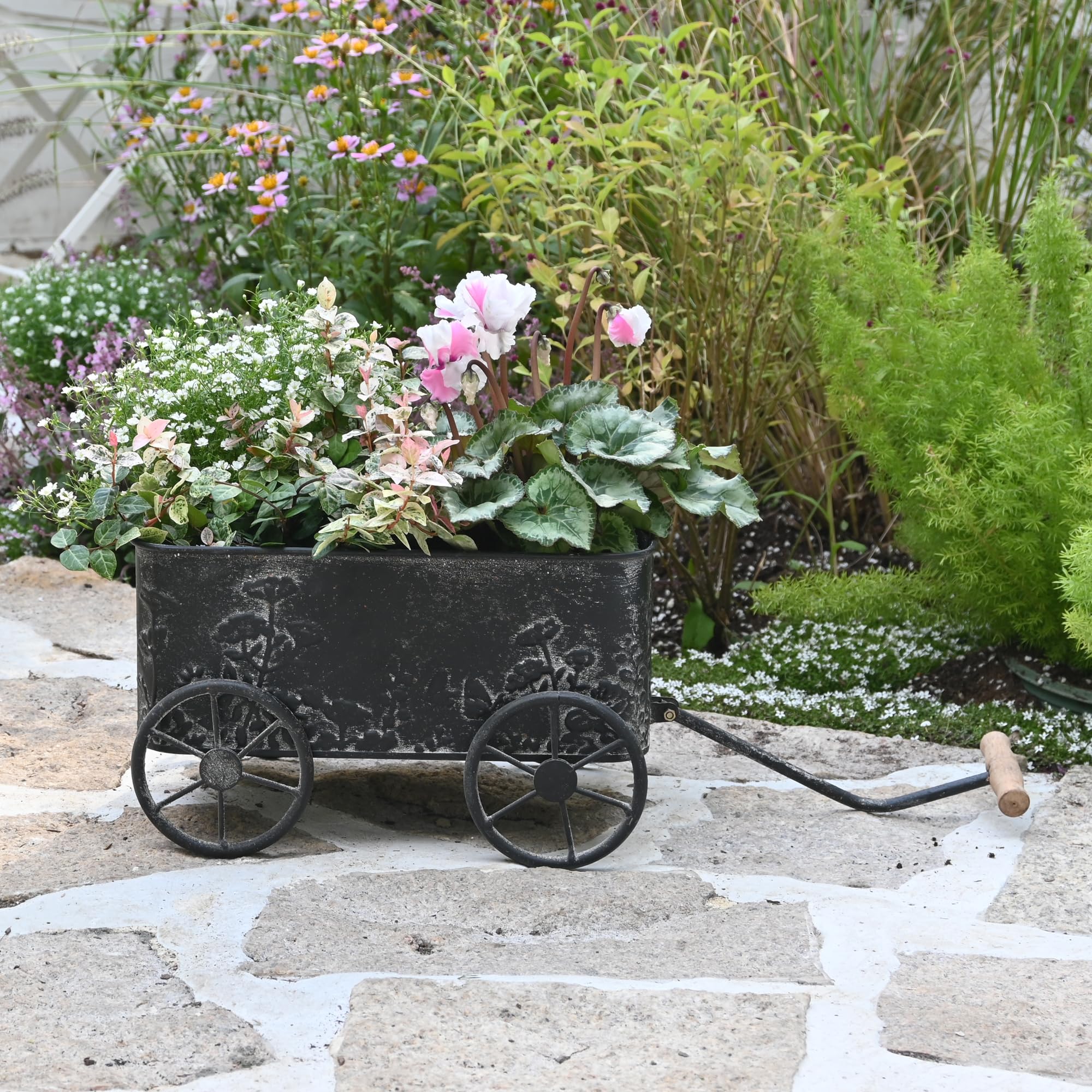 Zokyntrix Flower Cart with Wooden Handles, Metal Wagon Planters for Outdoor Plants, Garden Planter with Wagon Wheels, Decorative Wheelbarrow, Plant Cart for Patio Garden Balcony